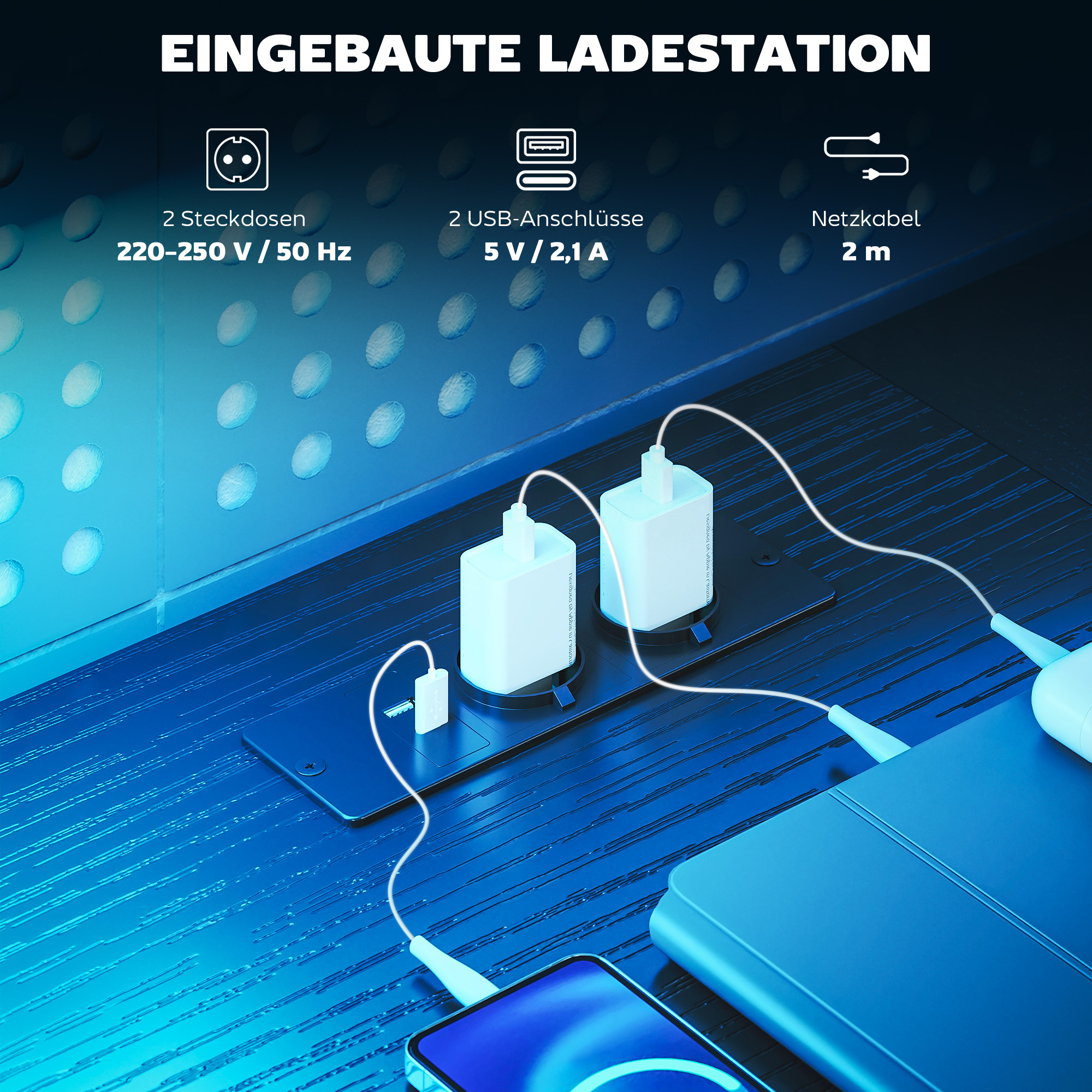 Gaming Tisch L-förmiger Schreibtisch mit LED & Steckdosen, mit Doppelmonitorständer, 165x80x91,5 cm, Schwarze Holzoptik