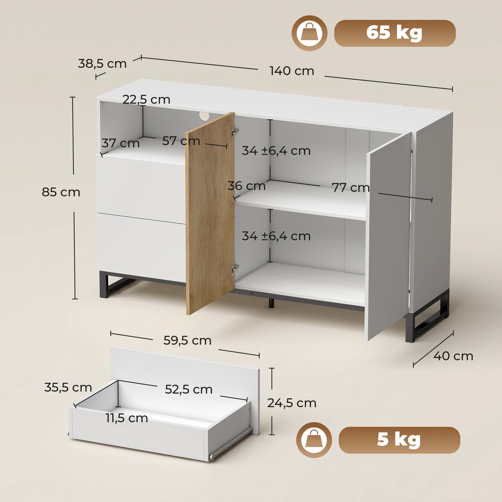 Sideboard Moderner Aufbewahrungsschrank mit 2 Soft-Close-Türen und 2 Schubladen 140x40x85 cm, Weiß