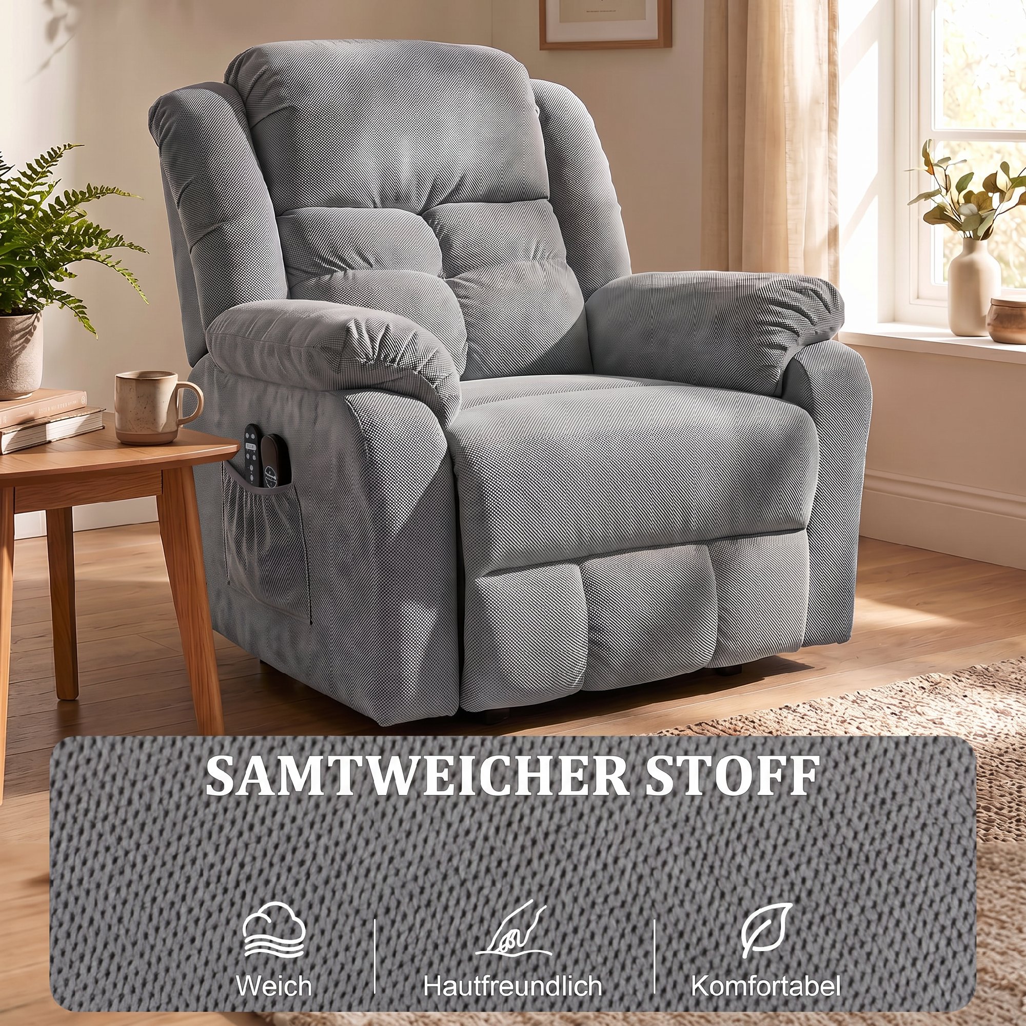 Aufstehsessel mit Massagefunktion und Lendenheizung, Recliner-Sessel mit Fernbedienungen und Seitentaschen, Hellgrau