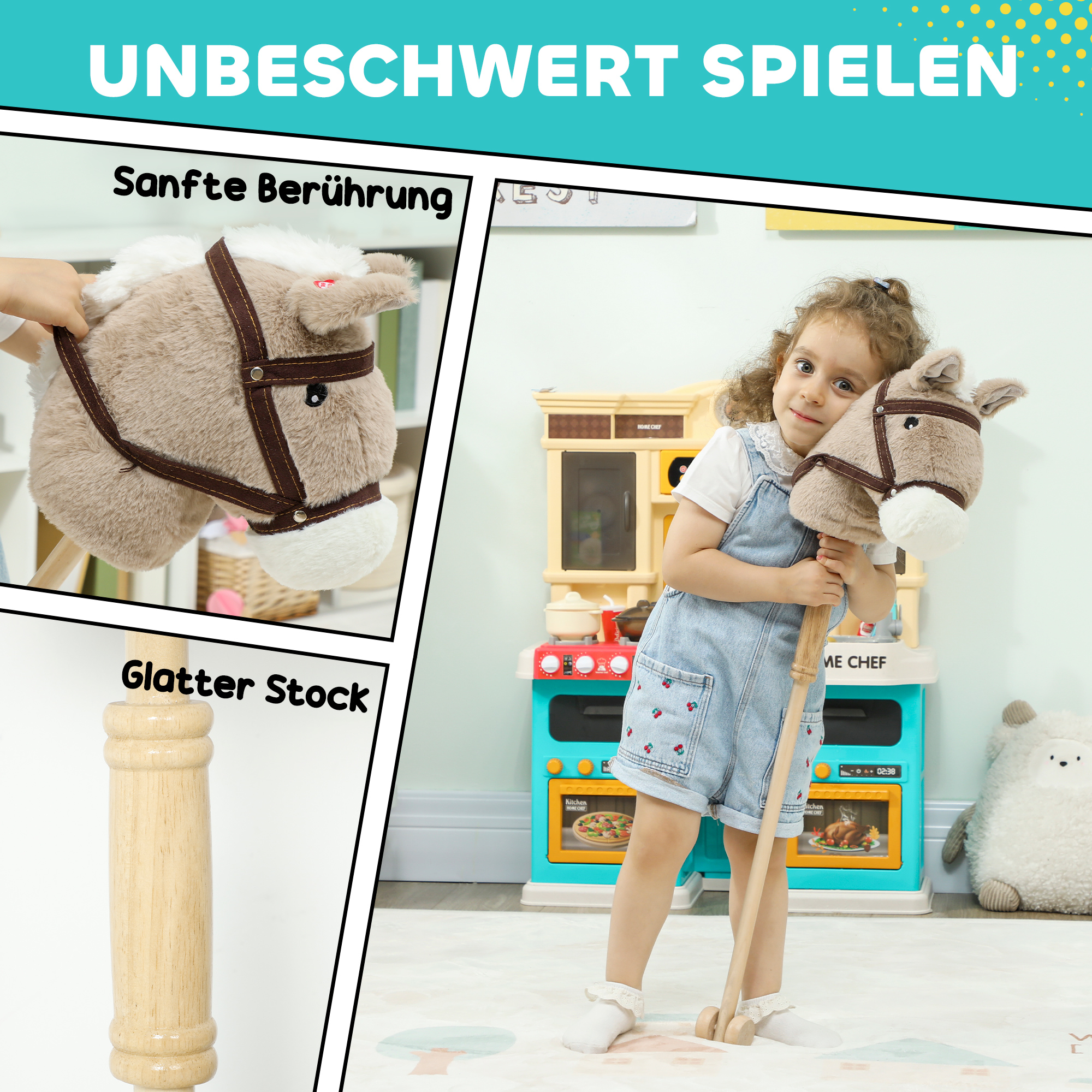Steckenpferd Kinder Steckenpferde mit Sound, Rolle, Stockpferd zum Reiten für Kinder 24+ Monate, Grau