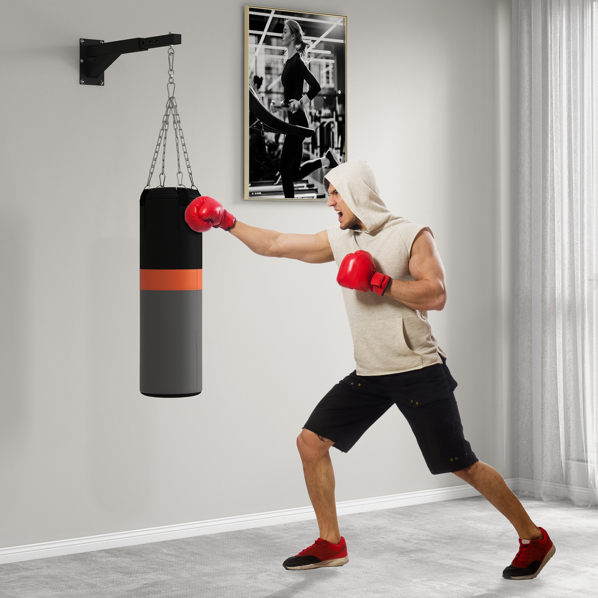 Boxsackhalterung, 5-stufig längenverstellbar, Wandmontage, bis 60 kg, Stahl, Schwarz