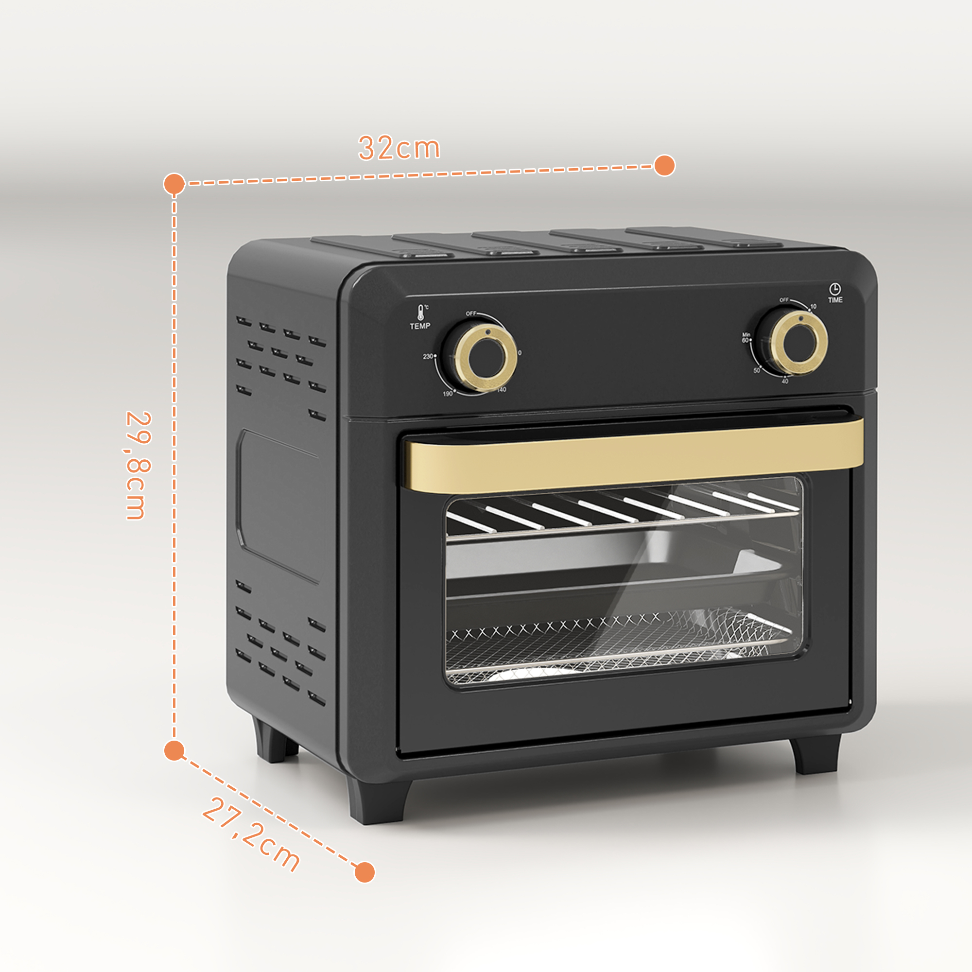 Minibackofen mit Umluft, Heißluftfritteuse, Timer, Innenbeleuchtung, 10L, Schwarz