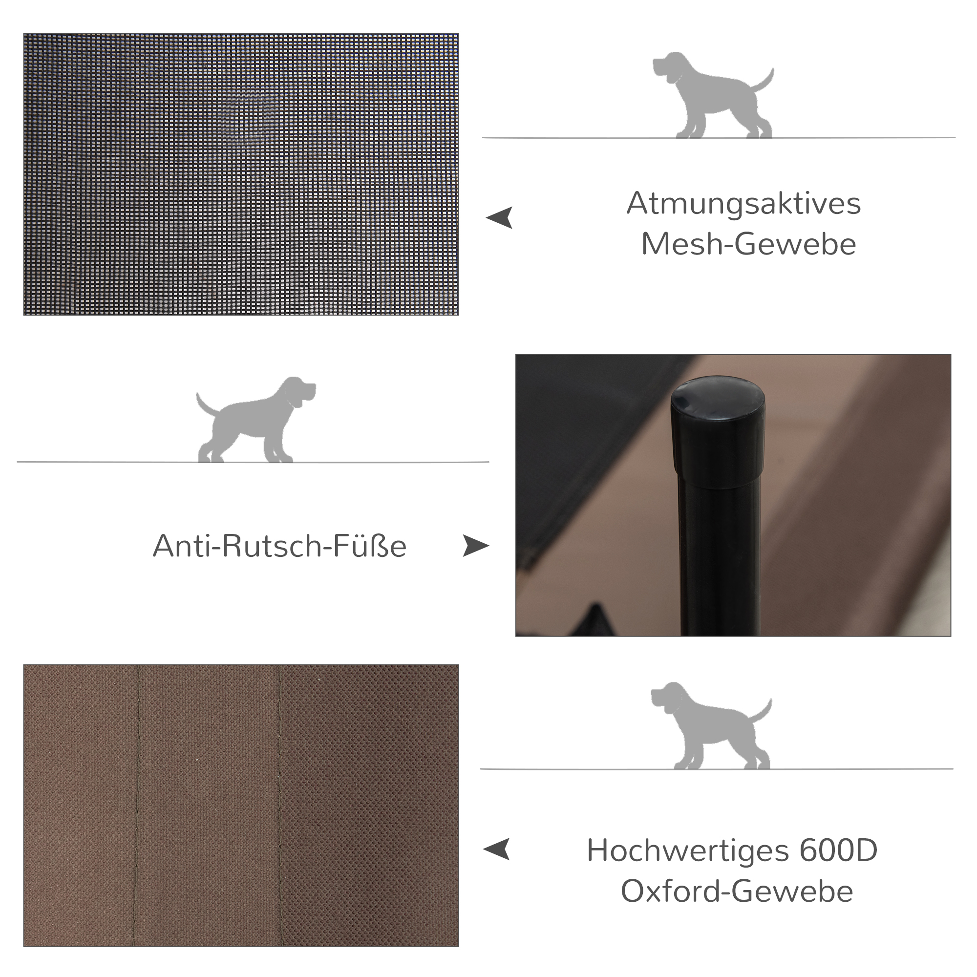 Hundeliege Outdoor, erhöhtes Hundebett für Mittelgroße Groß Hunde, stabile Haustierliege mit Waschbares Mesh, Katzenbett Haustierbett Schlafplatz für Draußen Camping, 76 x 61 x 18 cm, Braun