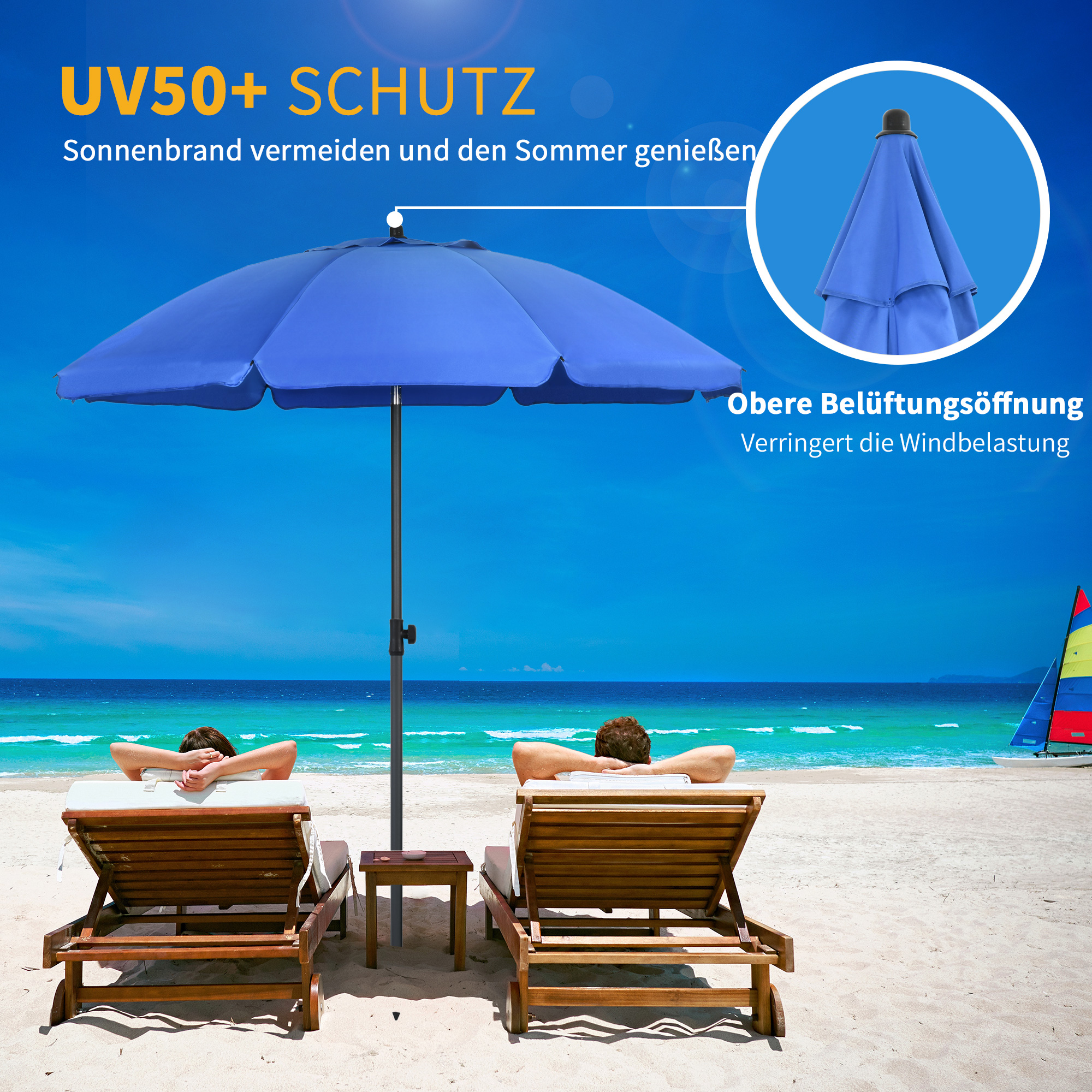 Strandschirm, Sonnenschirm, mit Belüftungsöffnungen, verstellbare Neigung, UV50+ Ø1,80, Blau