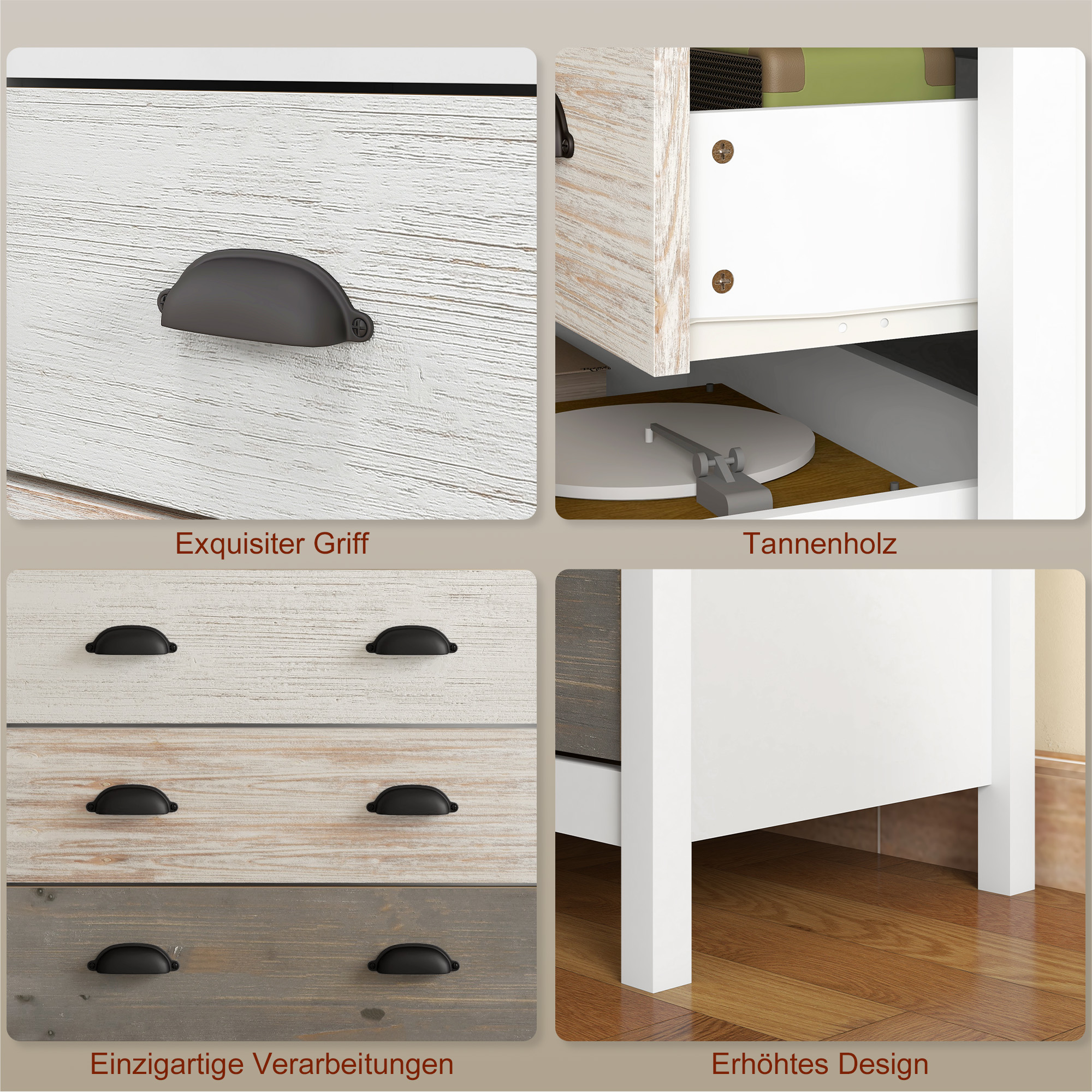 Sideboard, Kommode, 5 Schubladen, lackierte Oberfläche, MDF & Kiefernholz, 70 x 38 x 85 cm, Weiß