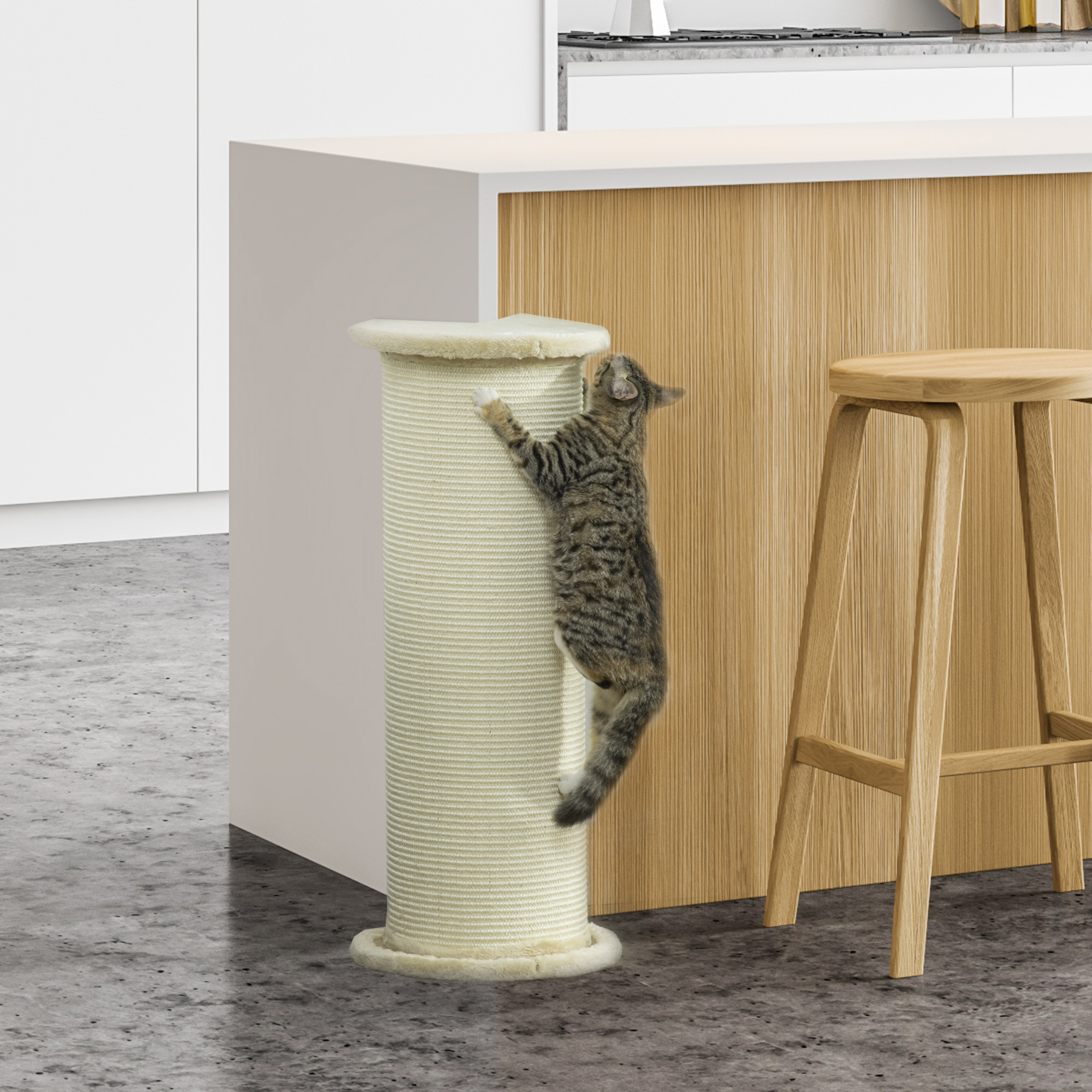 Kratzbrett für Katzen, Eckdesign, platzsparend, 35 cm x 35 cm x 85 cm, Cremeweiß