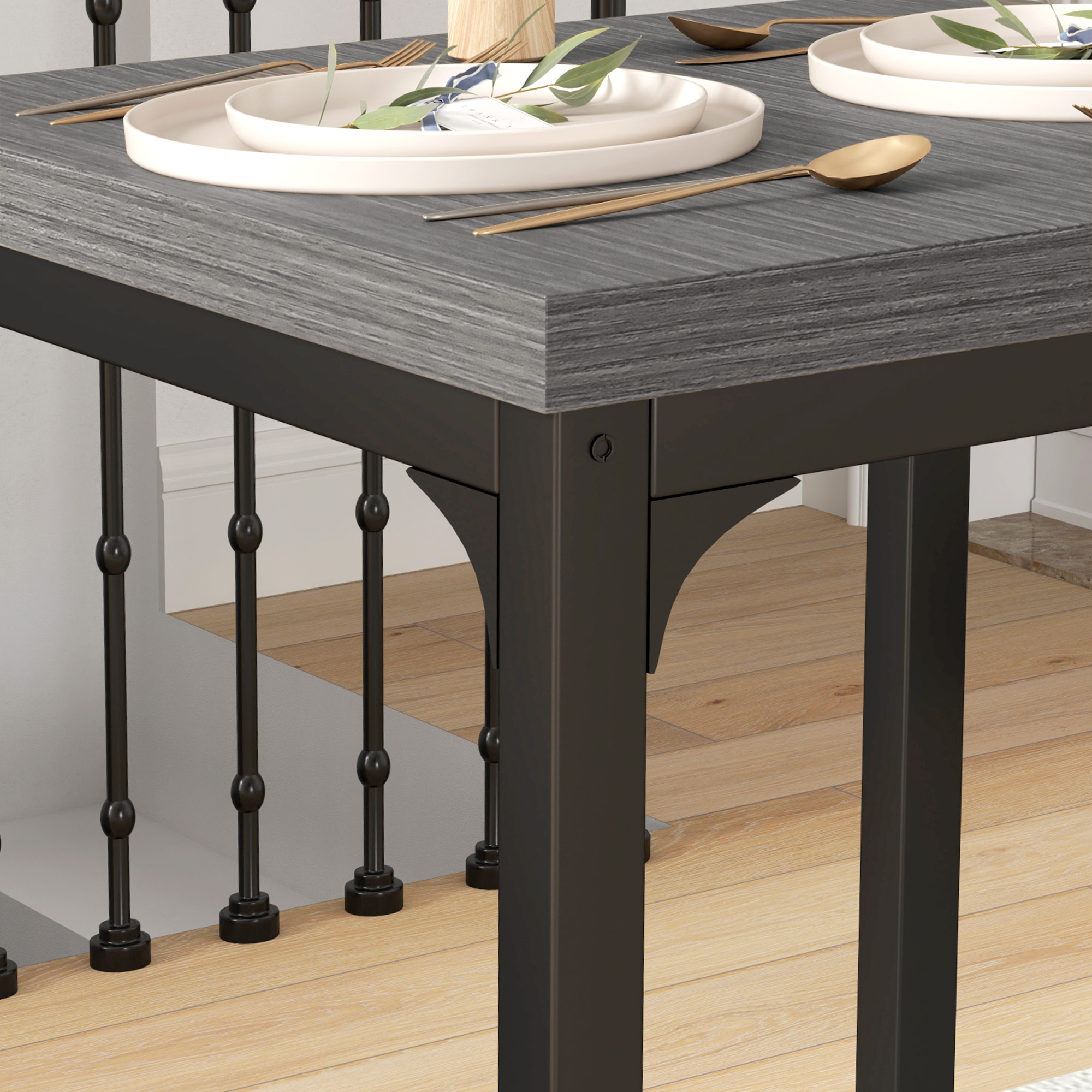 3-teilige Essgruppe, Esstisch-Set, 1 Tisch, 2 Stühle, MDF+Metall, Grau