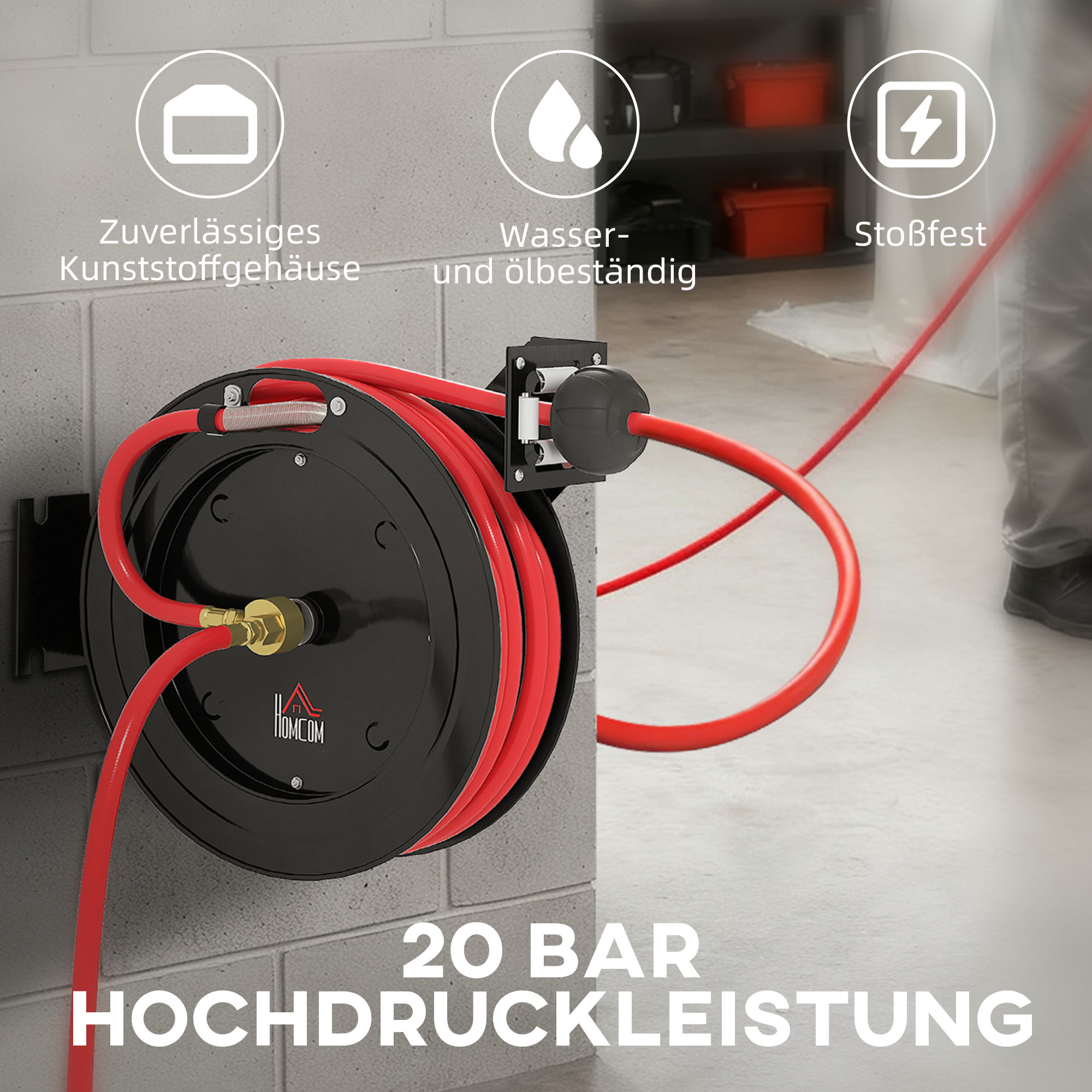 Wandmontierte Gartenschlauchrolle, automatisches Zurückziehen, 20 bar Wasserdruck, 15+1 m Wasserschlauch, Metall