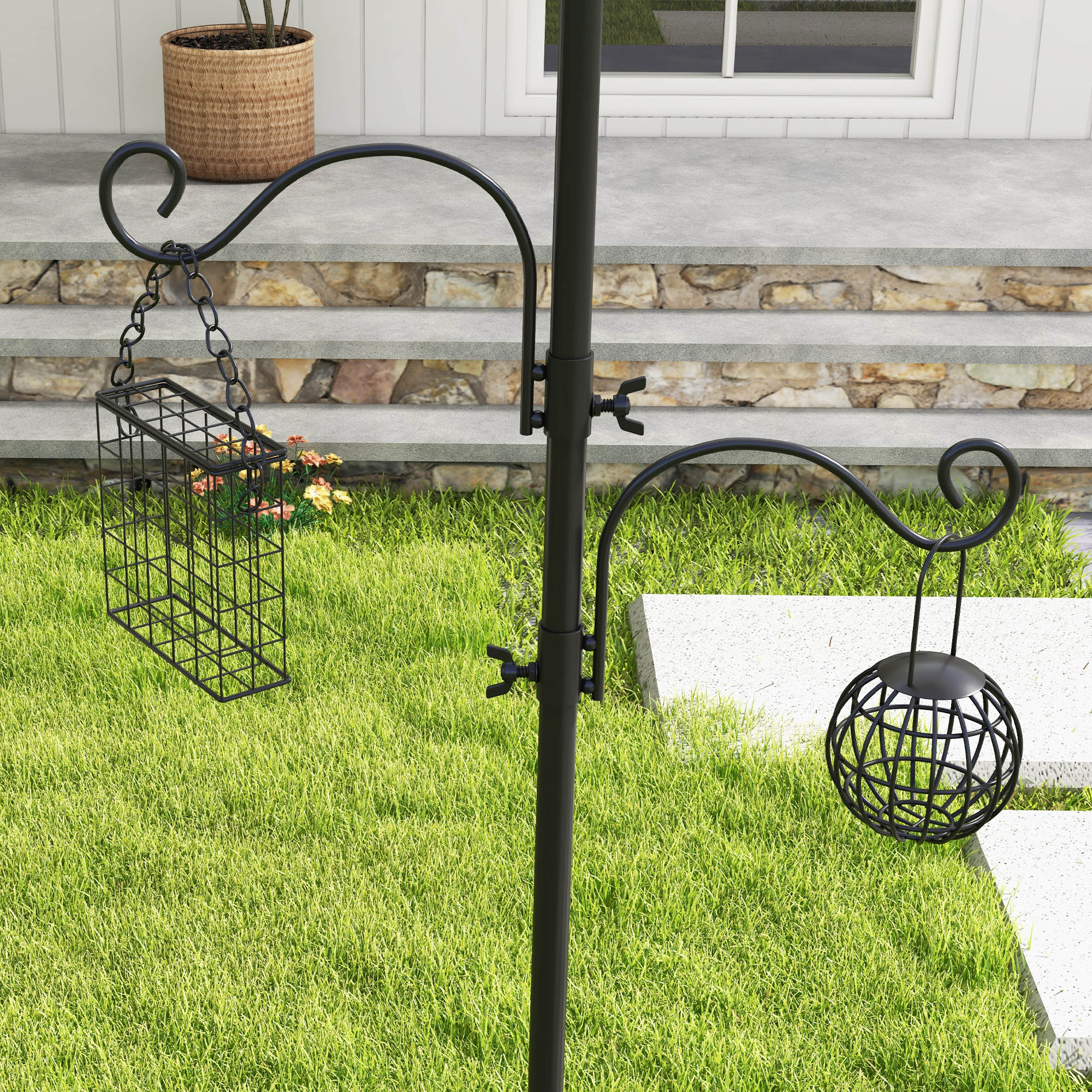 Vogel Futterstation 226 cm Vogelfutterstation mit 6 Haken, 4 hängenden Futterspendern Erdspieß, Freistehend