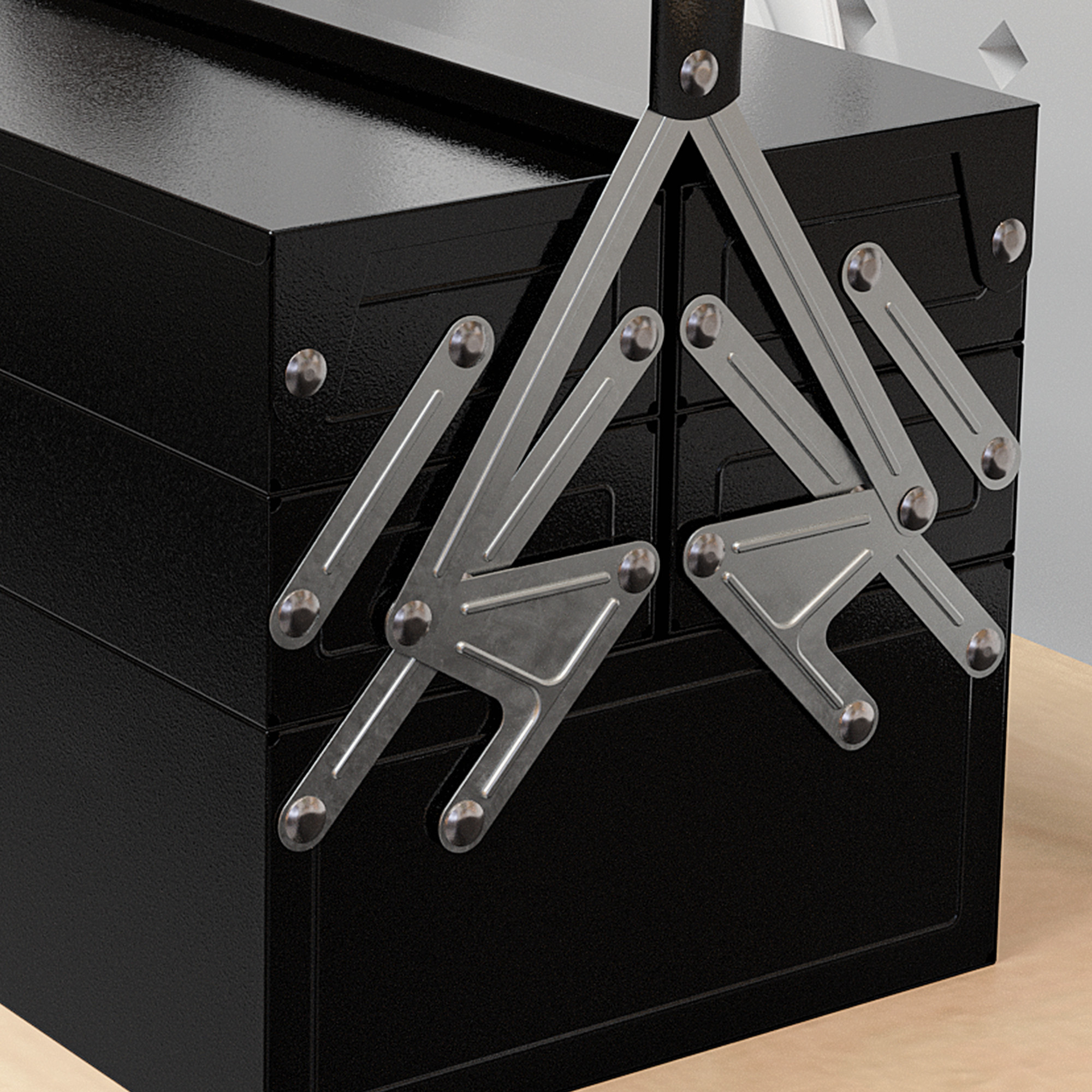 Werkzeugkiste, Werkzeugkoffer mit 3 Etagen, Stahl, 56L x 20B x 41H cm, Schwarz