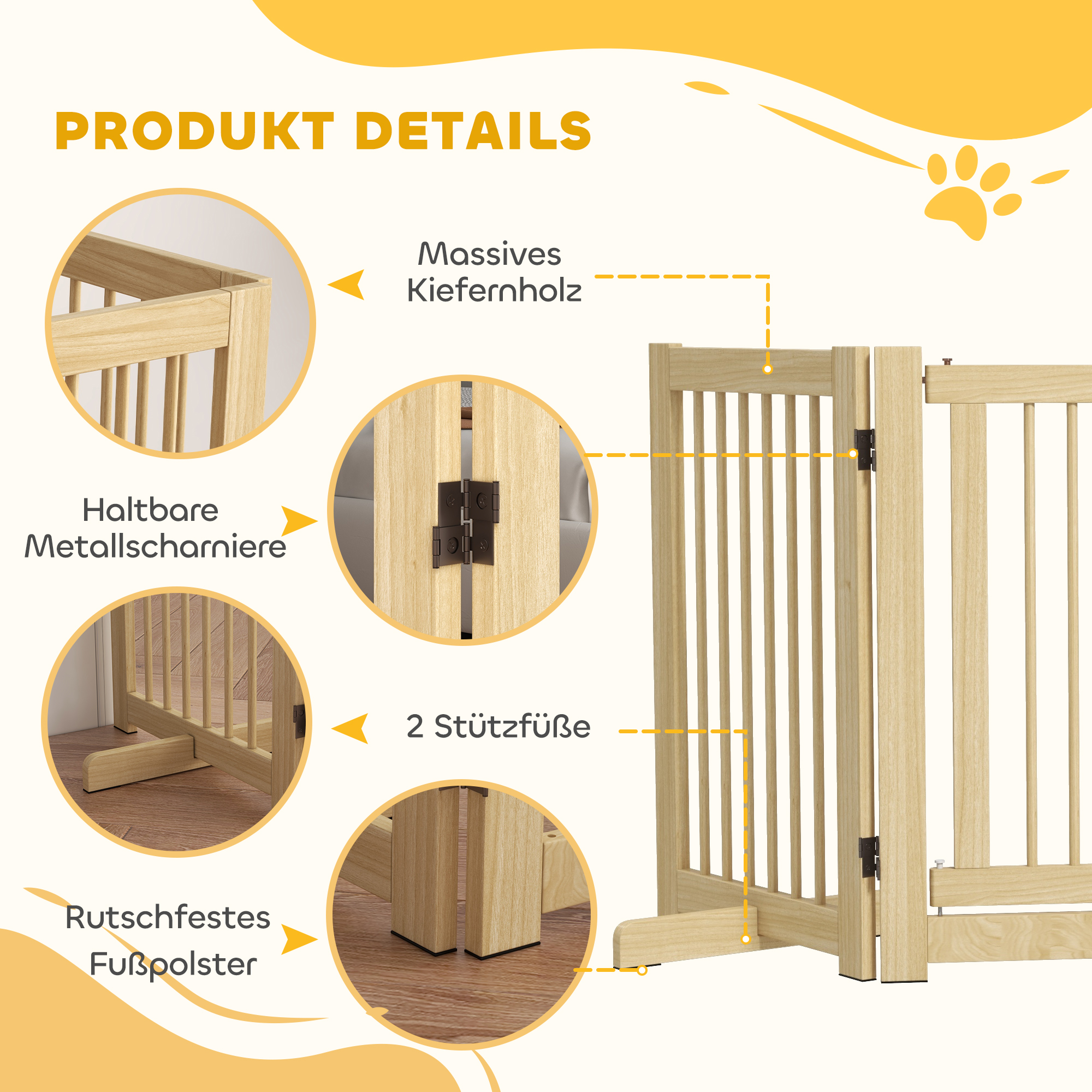 Freistehendes Hundegitter, 4 Paneele, flexibel, Kiefernholz, 204L x 36B x 75H cm, Naturholz