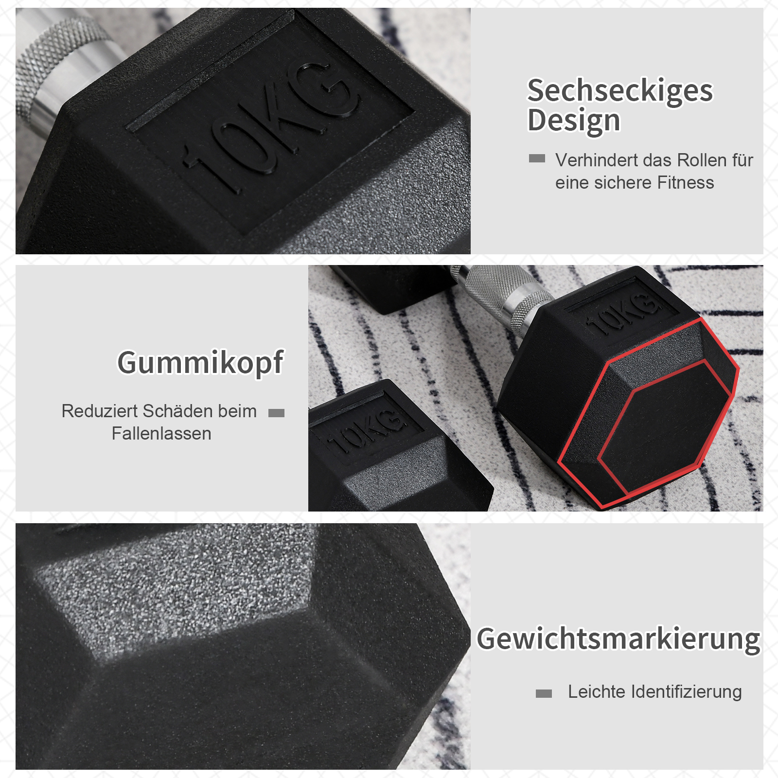 Hexagon Hanteln, 2er Set Hanteln mit gerändeltem Griff, Kurzhantelset aus Gusseisen, 2 x 10 kg, Kurzhanteln für Männer Frauen, Zuhause, Fitnessstudio, Krafttraining