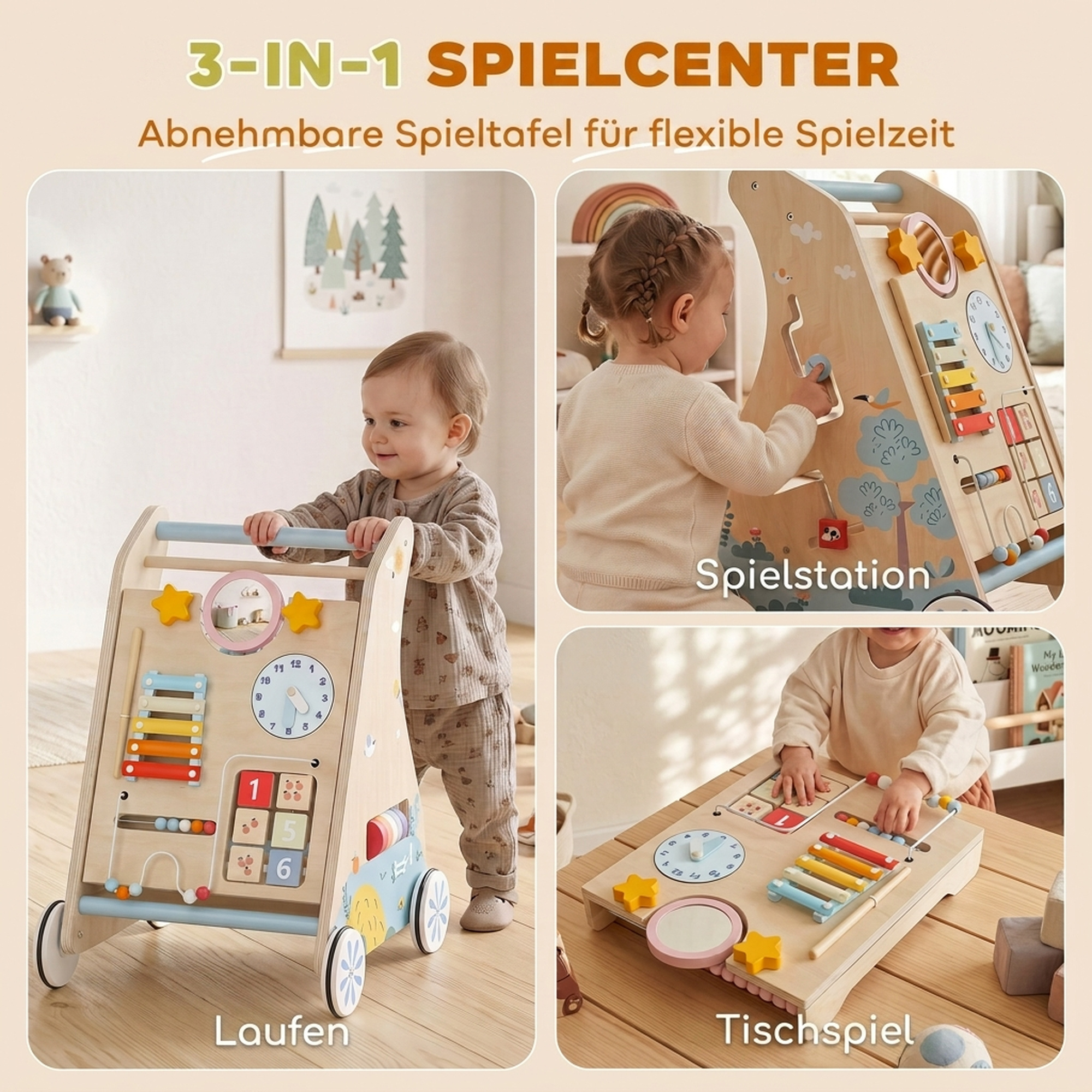 3-in-1 Baby Lauflernwagen Lauflernhilfe mit abnehmbar doppelseitig Aktivitätstafel Tasche Rädern für 1-3 Jahre