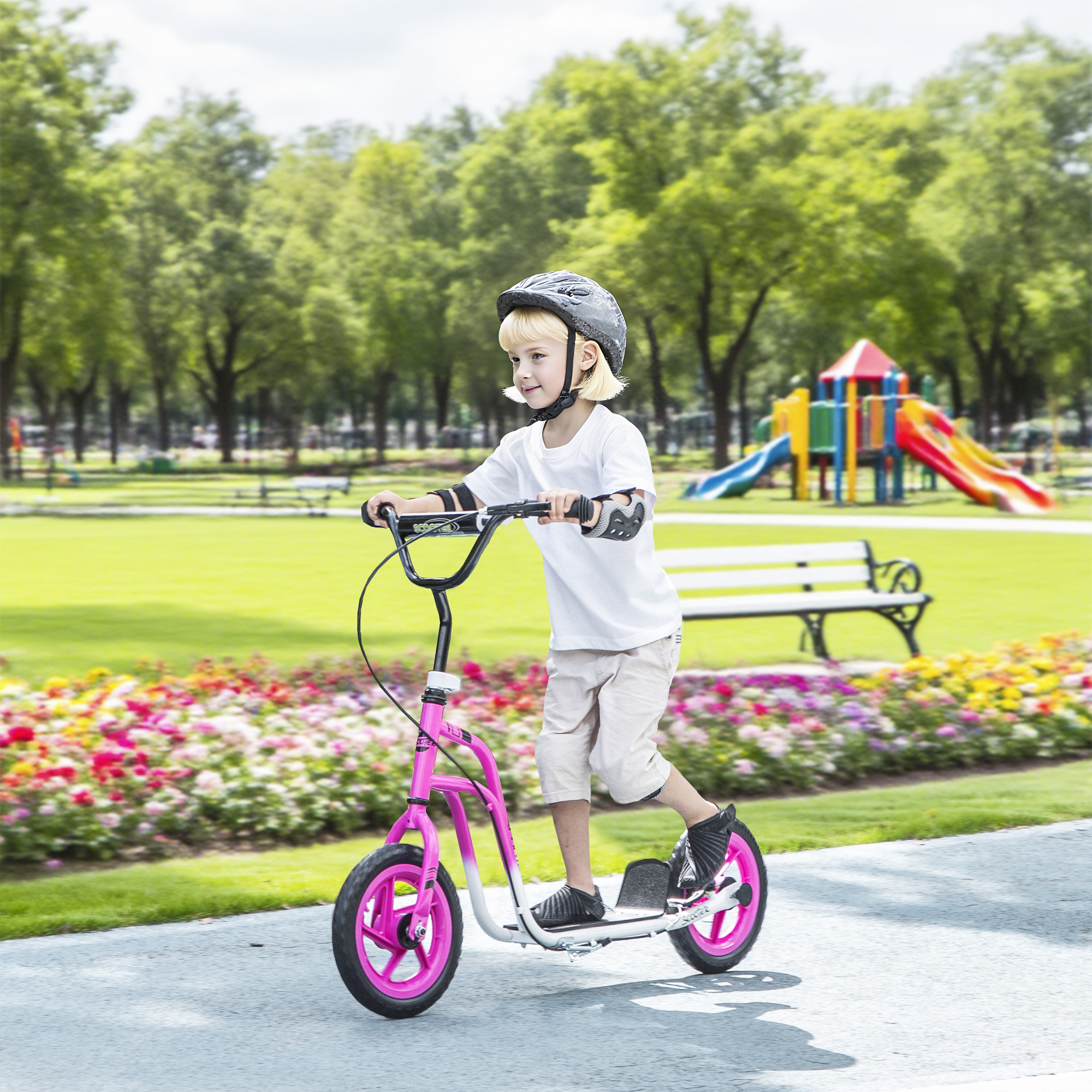 Kinderroller mit verstellbarem Lenker, große Räder, Parkständer, Handbremse, für Kinder im Alter von 5-12 Jahren, Rosa
