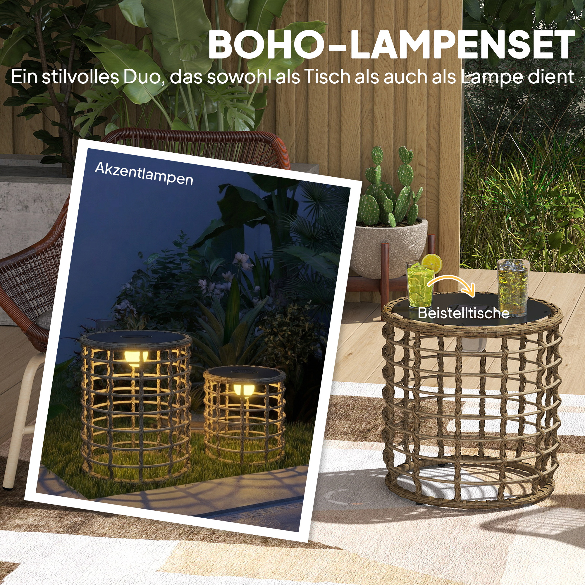 Solar Stehlampe 2er Set Rattan Solarlampen mit Lichtsensor LED Solarleuchte im Boho-Stil IP44