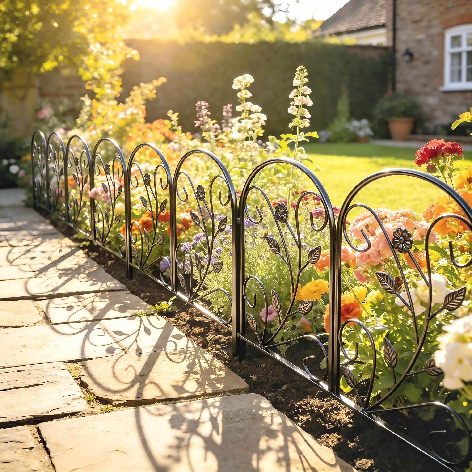 Gartenzaun Zaun aus Metall 80 x 60 cm Dekorativer Gitterzaun Set mit Fuß für Garten Blumenbeete Tierbarriere Schwarz