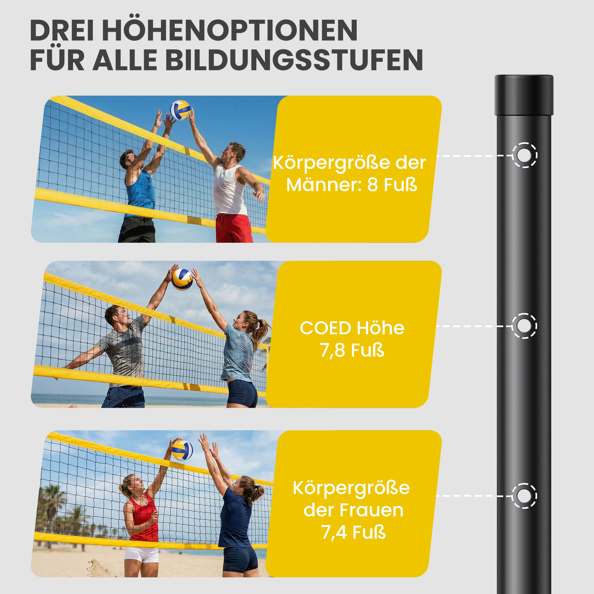 Volleyballnetz Set Tragbar Volleyball-Set mit höhenverstellbar Stahlpfosten Tragetasche 950 x 100 x 248 cm Schwarz
