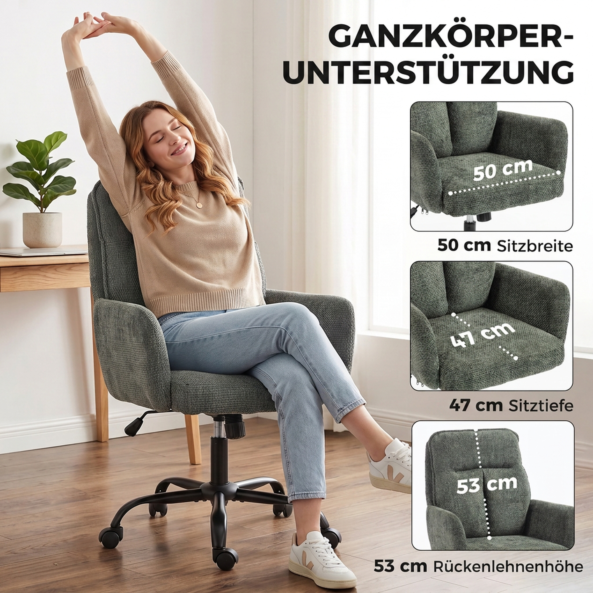 Homeoffice-Schreibtischstuhl, Computerstuhl mit breiter Sitzfläche, mittlerer Rückenlehne, Leinenoptik, Dunkelgrün