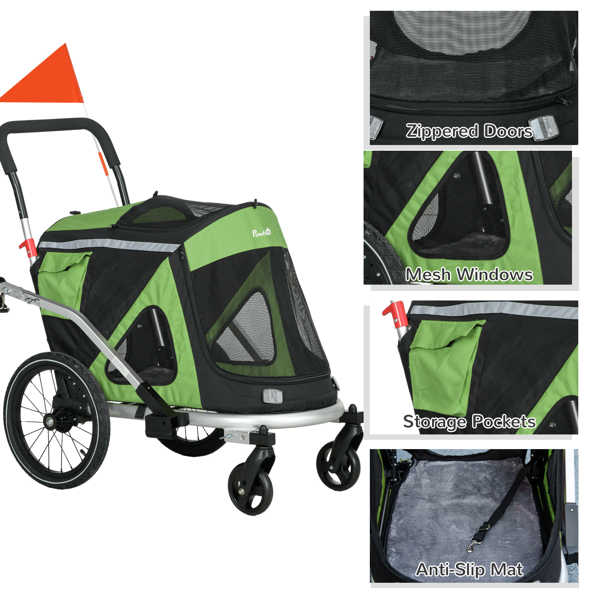 2-in-1 Hundebuggy Hundejogger Fahrradanhänger bis 20kg 2 Reflektoren 1 Sicherheitsleine 150 x 68 x 95 cm Grün