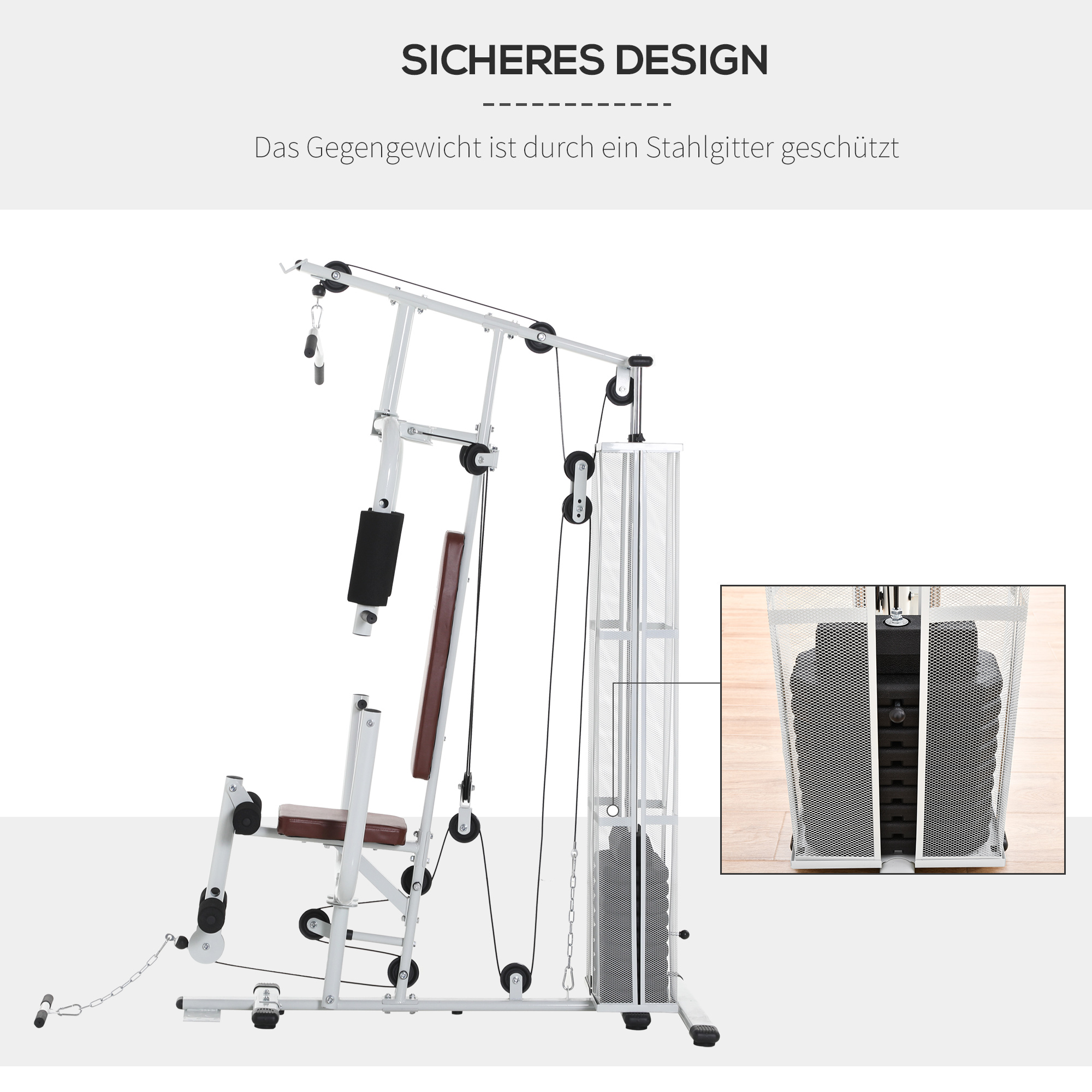 Gym Kraftstation Fitnessstation Multigym Fitnesscenter Fitnessgerät inkl. Gewichten Latzug Beincurl  Metall PU-Kunstleder Weiß 150 x 110 x 210 cm