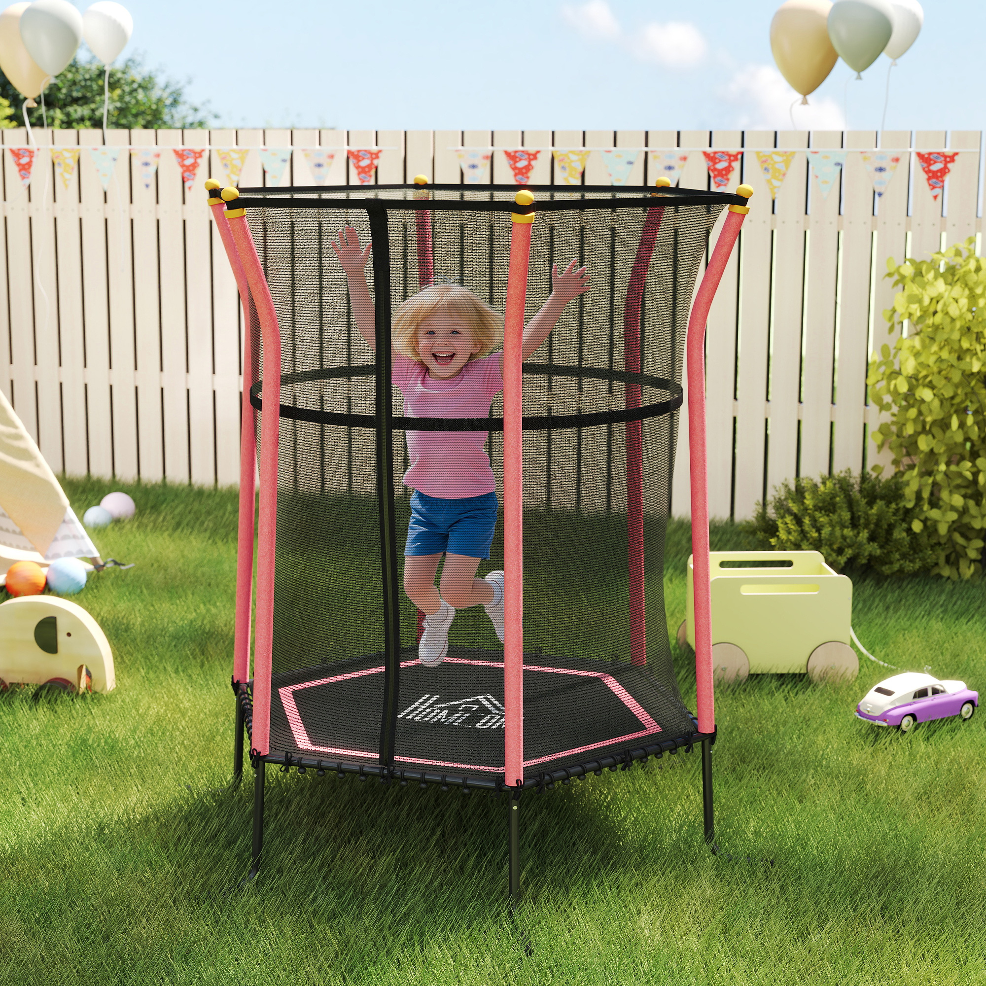 Trampolin für Kinder, Ø163,5 cm, mit Sicherheitsnetz, gepolstert, Stahl, belastbar bis 50 kg, Schwarz & Rot