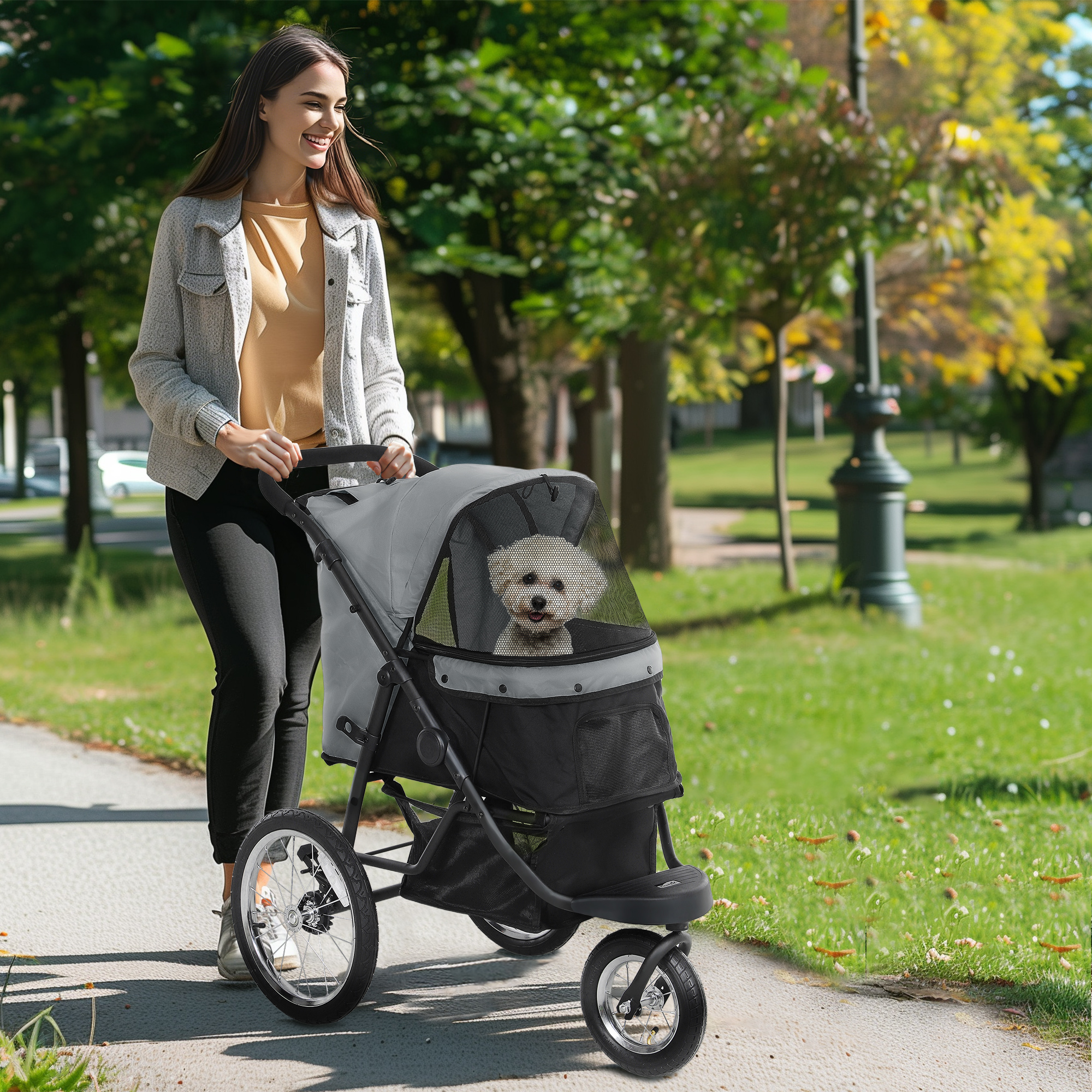 Hundebuggy, Haustierwagen für kleine Hunde und Katzen, mit Aufbewahrungskorb, Ein-Klick-Faltdesign, Grau