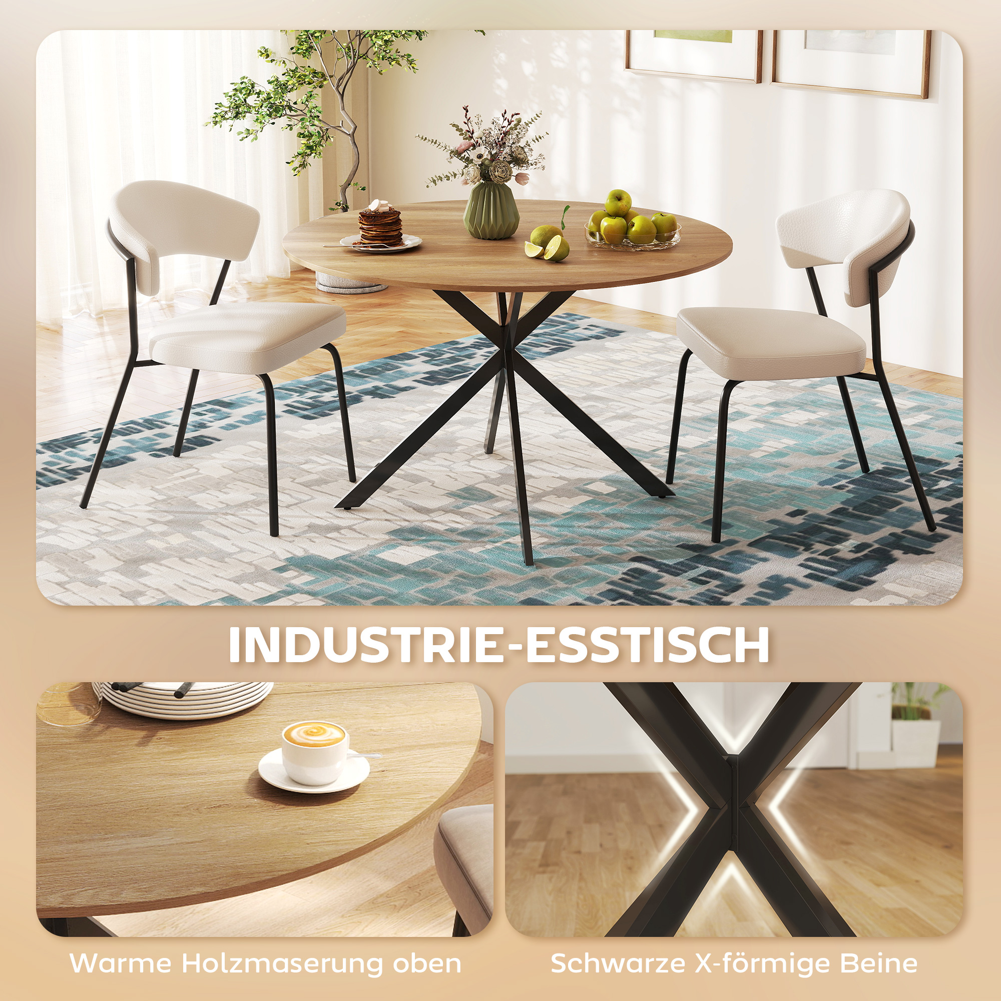 runder Esstisch für 4 Personen, Küchentisch im Industriestil mit Stahlbeinen, für Esszimmer, Küche, Eiche