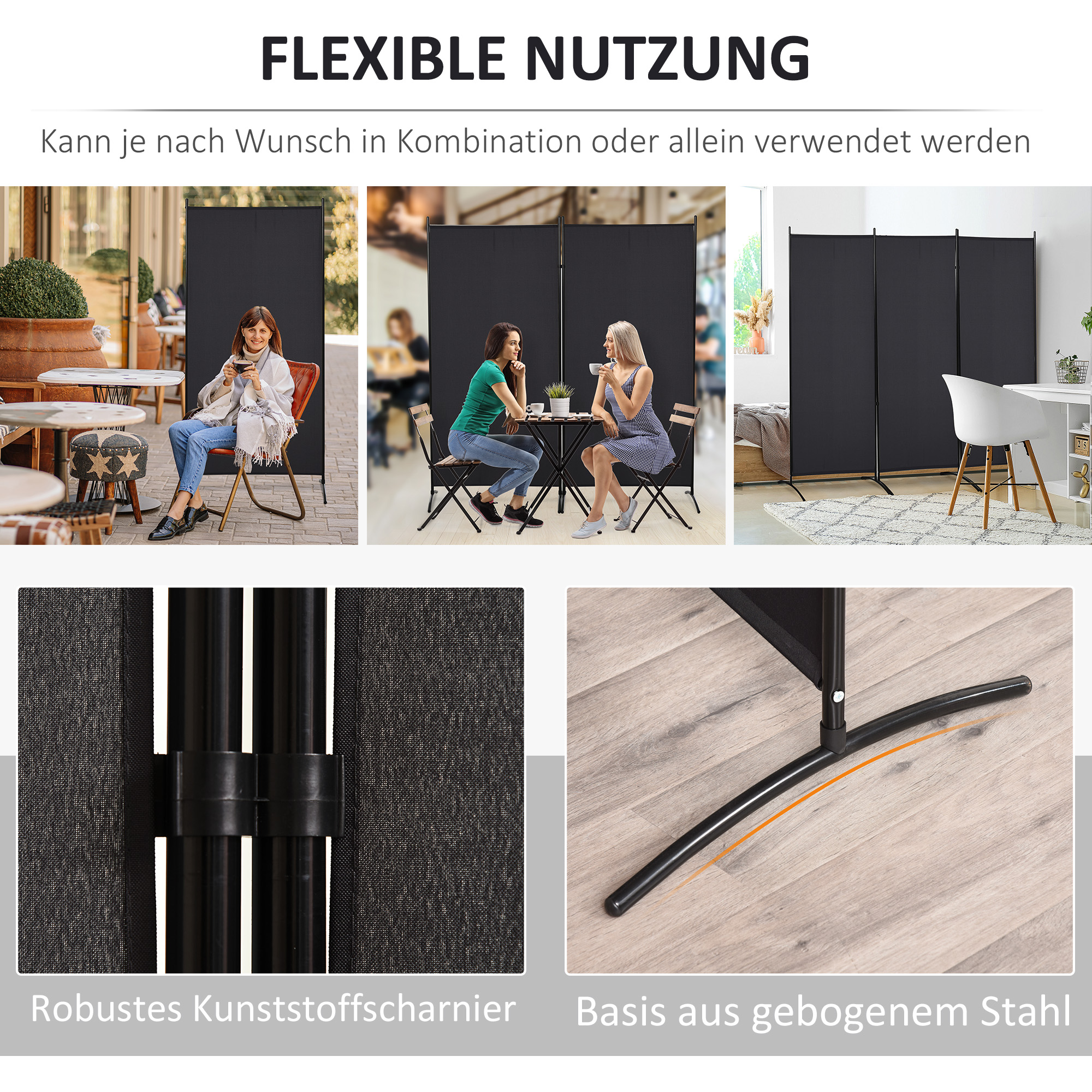 Raumteiler, 3-teiliger Sichtschutz, Raumtrenner mit Metallrahmen, Schwarz