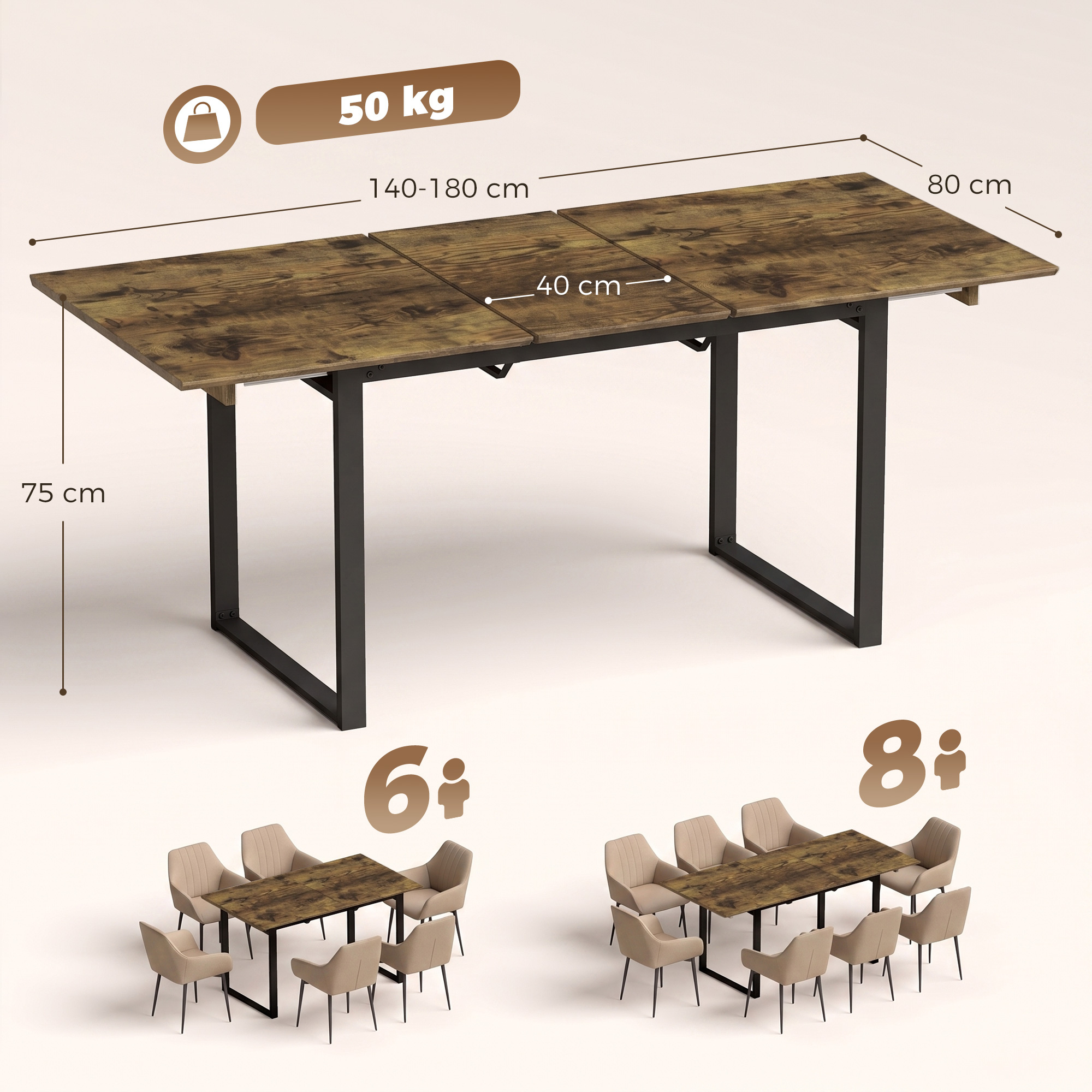 ausziehbarer Esstisch 140-180 cm für 6-8 Personen, rechteckig im Industrial-Design mit Stahlgestell, Tigerholzoptik