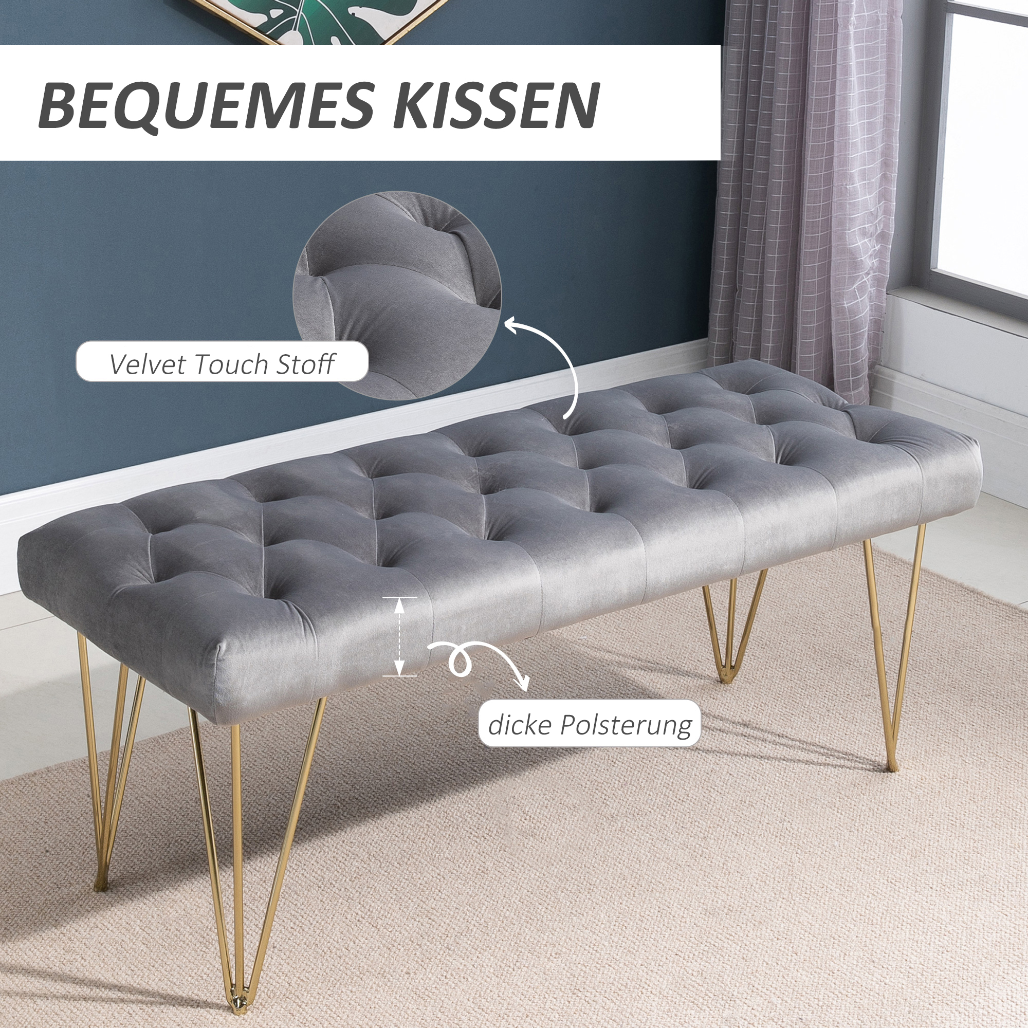 Sitzbank Polsterbank Pianobank Schuhbank mit Samtoptik Bettbank Klavierbank für Schlafzimmer, Wohnzimmer, Flur, Metall Grau 116 x 44,5 x 49 cm
