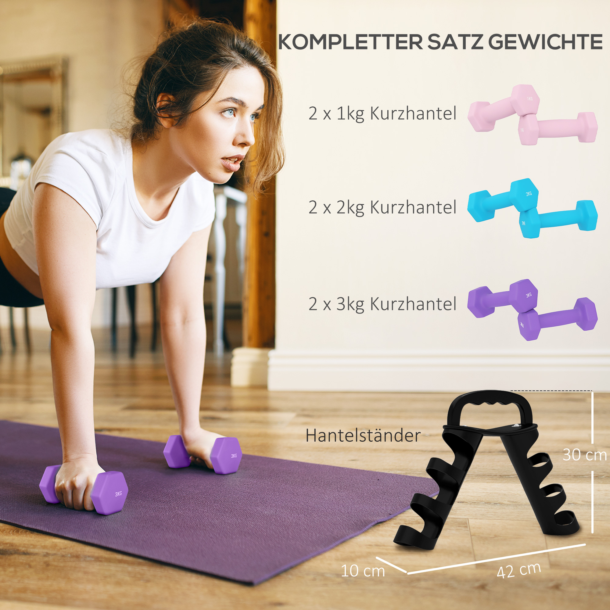 Hantelset mit Aufbewahrungsgestell, Set mit 6 Hanteln für Fitness-Training, 2 x 1kg, 2 x 2kg, 2 x 3kg