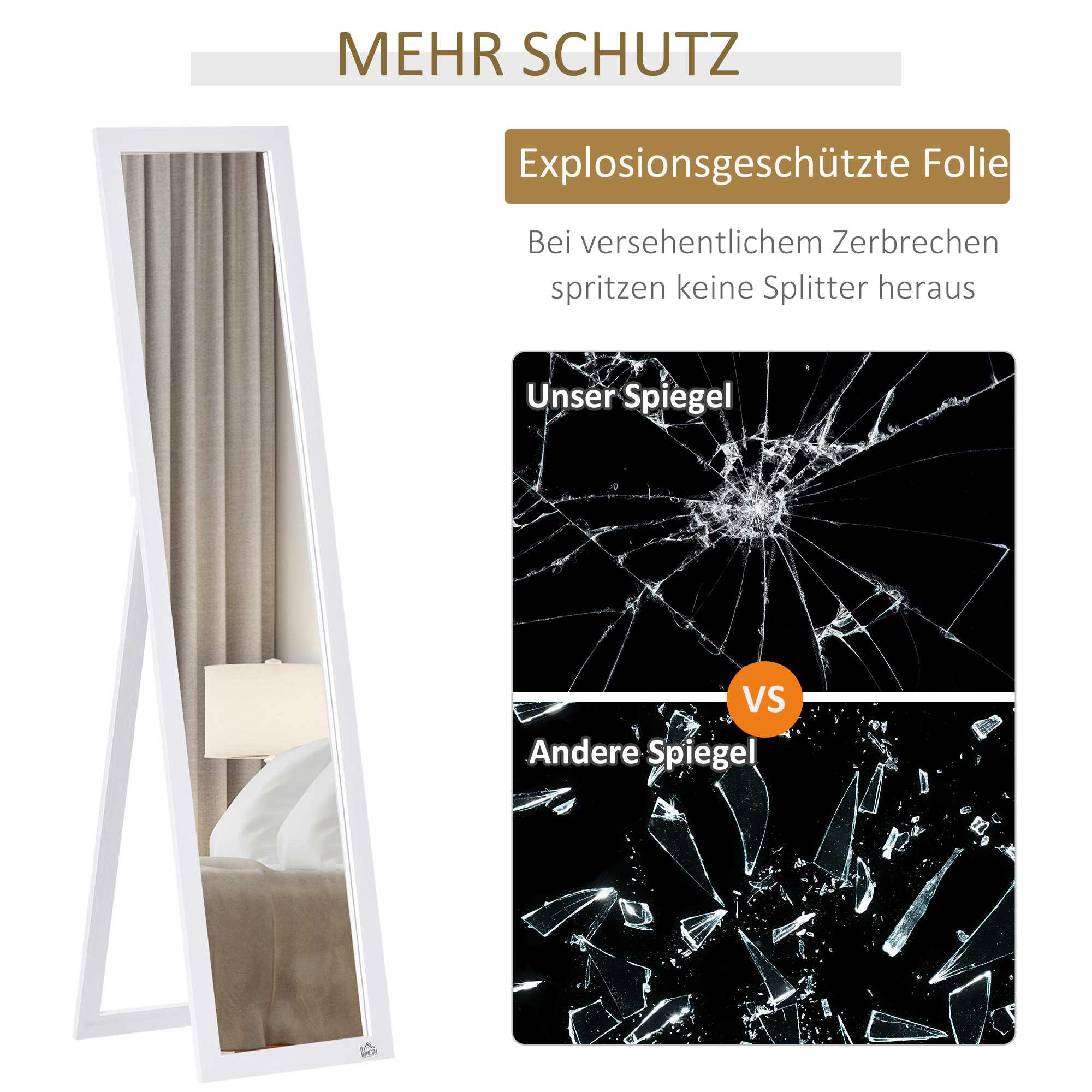 Ganzkörperspiegel, freistehend, Wandmontage, MDF-Rahmen, 37 x 37 x 154 cm, Weiß