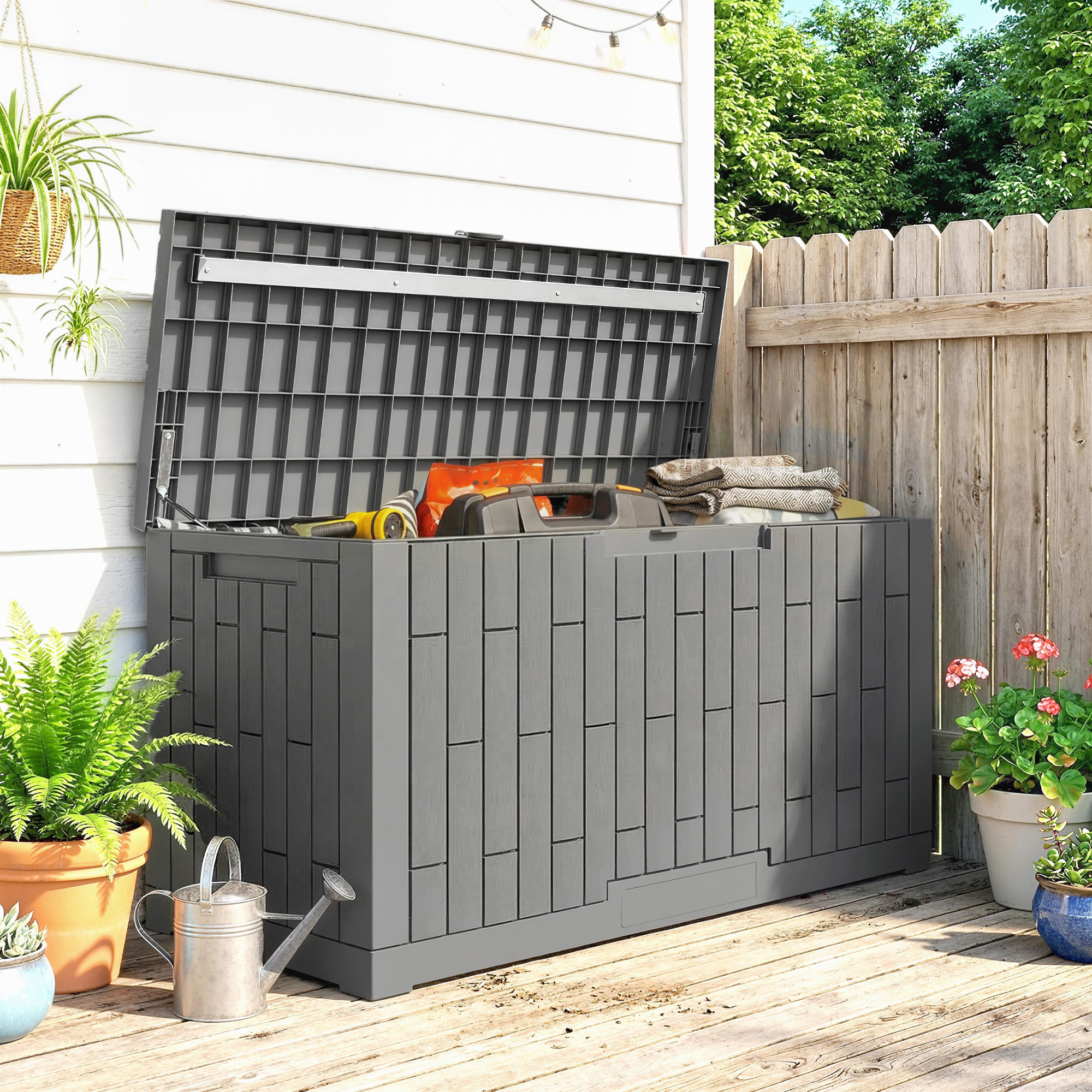 Gartenbox 379 Liter Wasserdicht Abschließbar UV-beständig Auflagenbox mit Holzoptik für Garten 122,5x56x62cm Grau