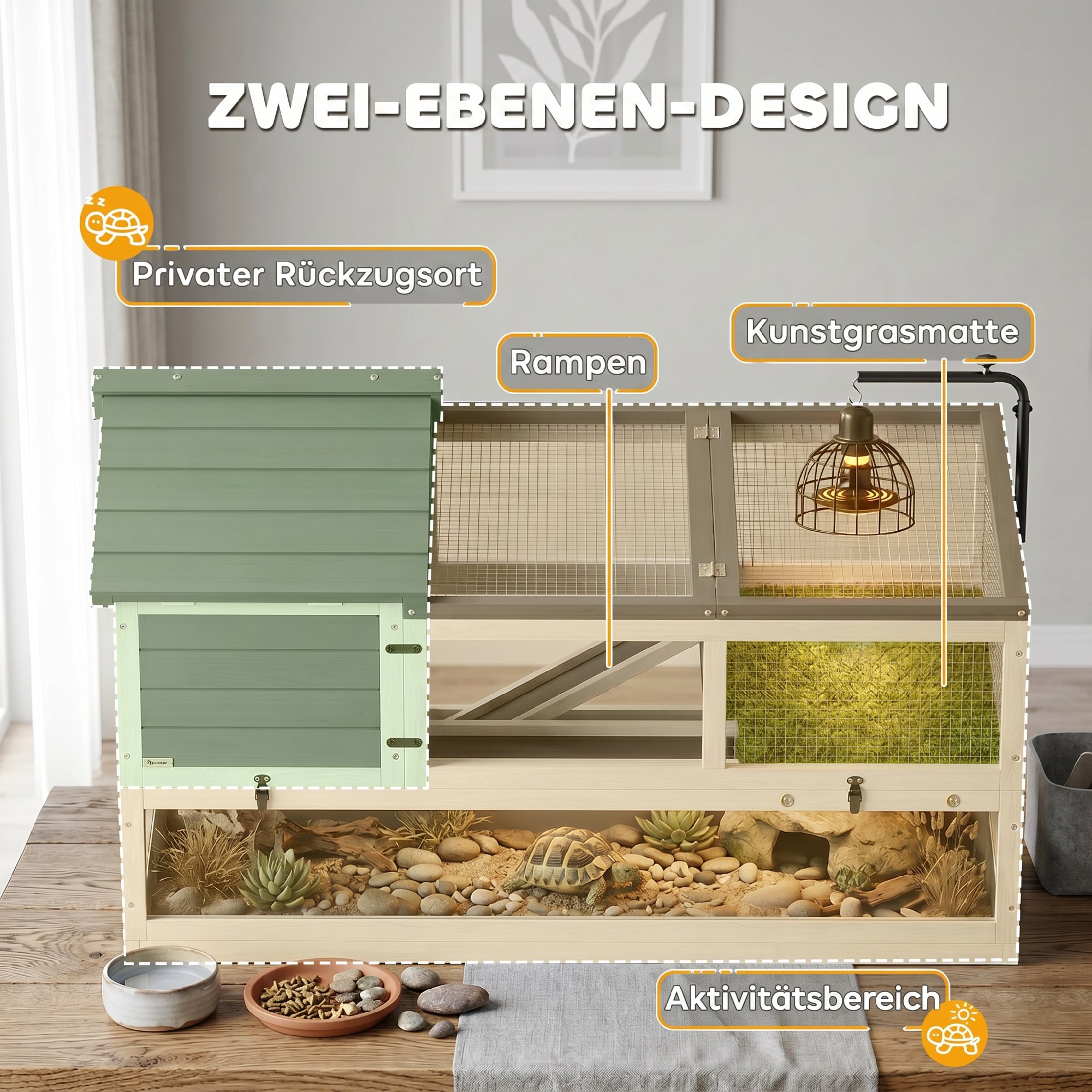 Schildkrötenhaus aus Holz, Schildkrötengehege mit 2 Haupthäusern, aufklappbarer Oberseite, Lampenhalter, grau