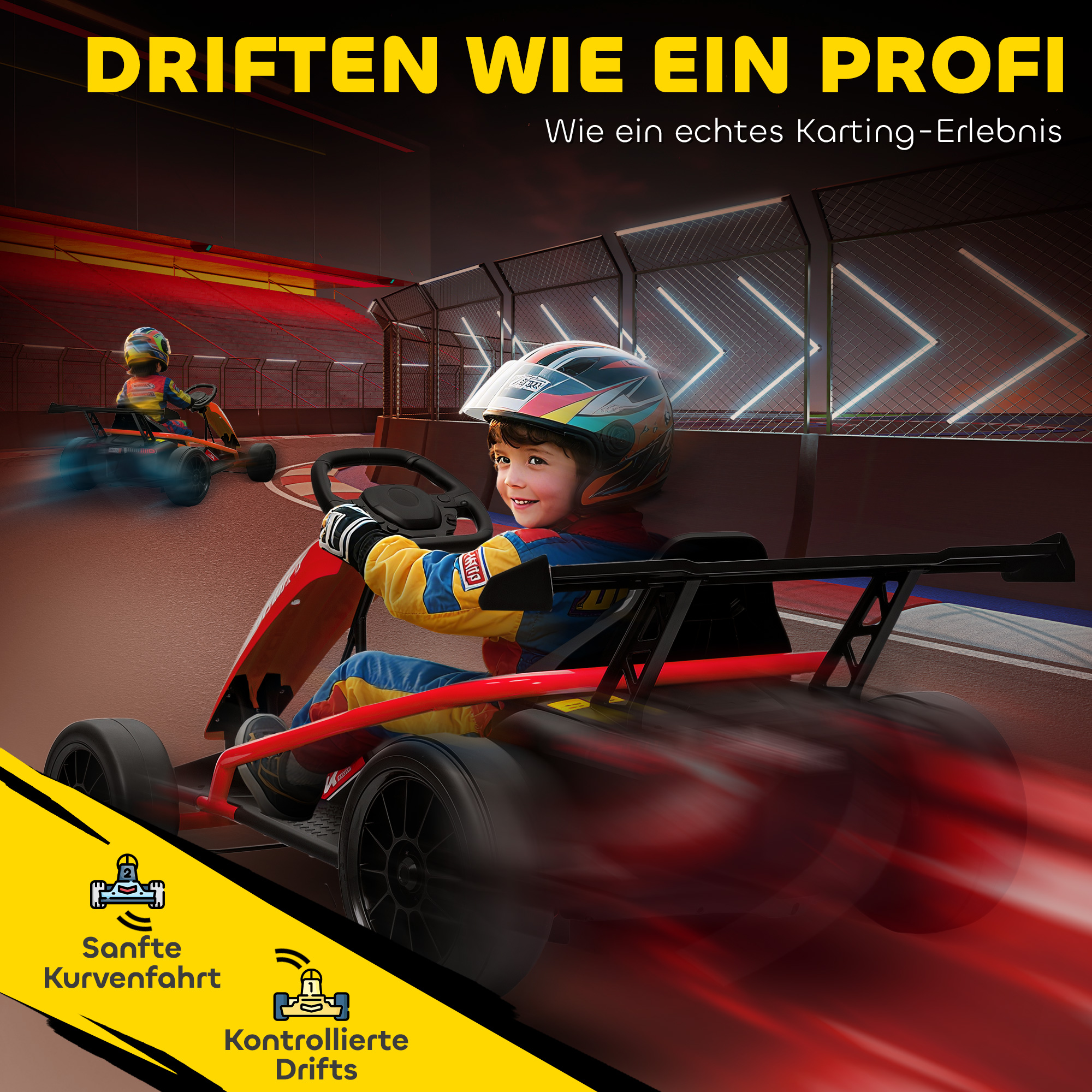 24V Elektro-Go-Kart zum Fahren und Driften, Nylon-Reifen, Sicherheitsgurt, Hupe, Musik für 8-12 Jahre Rot