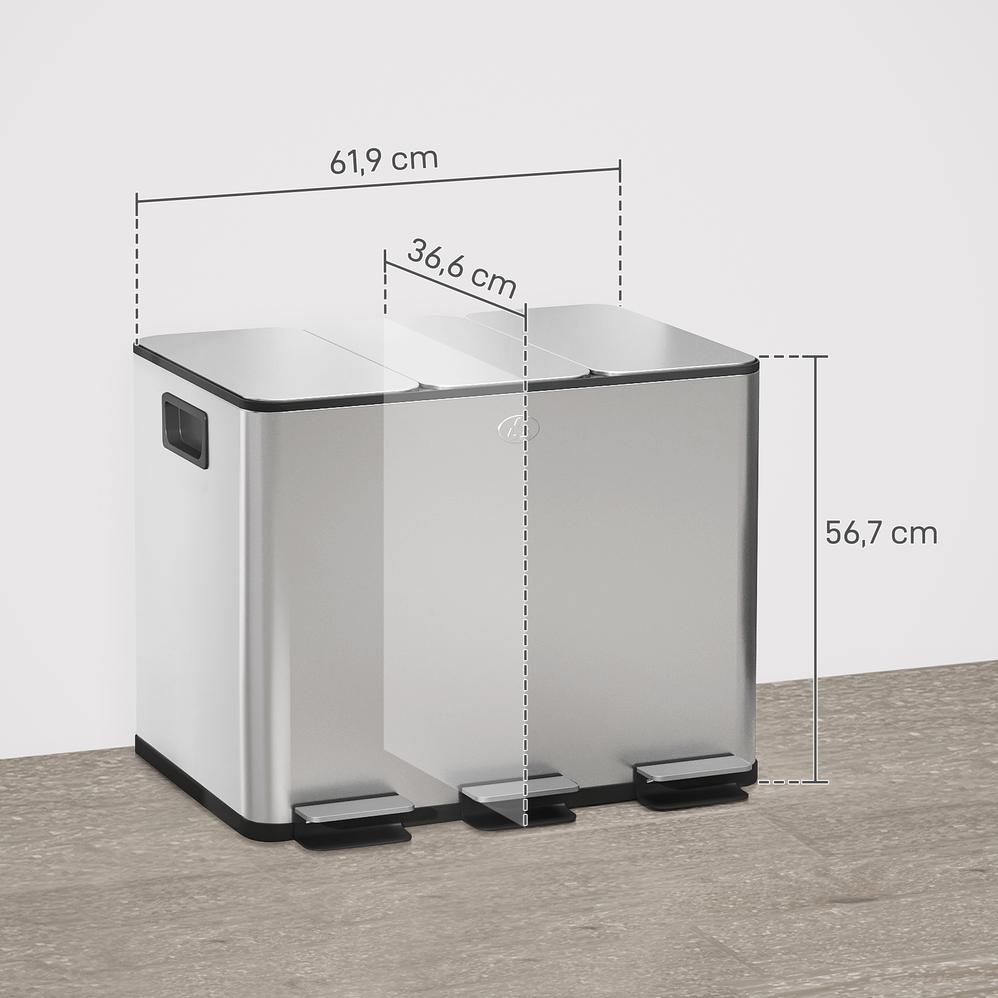 Mülleimer mit 3 x 20l Fächern, Deodorant-Deckel, fingerabdrucksicher, Soft-Close, herausnehmbar, Silber