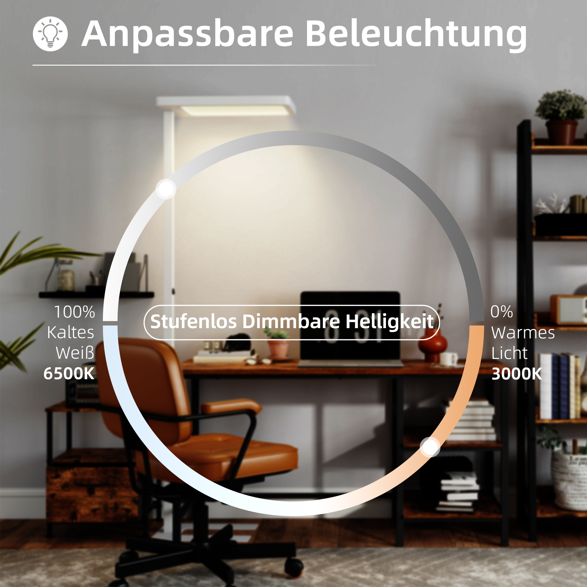 LED-Stehlampe, augenschonendes Licht, Bodenlampe mit Fernbedienung, anpassbare Helligkeit, Kunststoff, Metall, Weiß