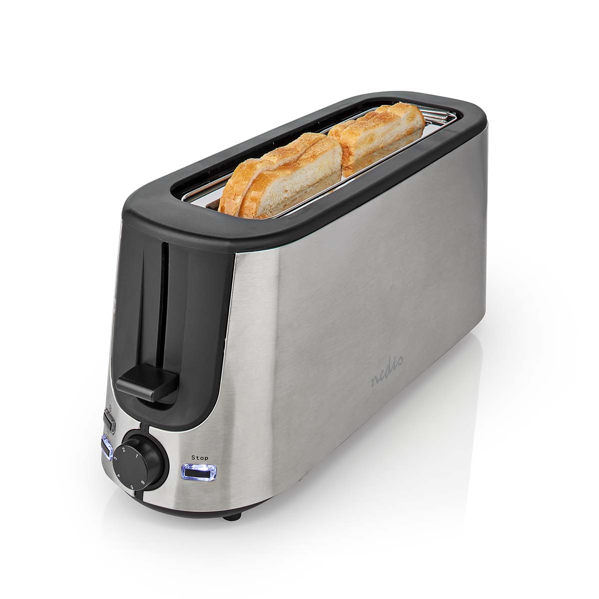 Toaster | Edelstahl Serie | 2 Brotscheiben | 1 Langer Schlitz | Bräunungsstufen: 6 | Auftaufunktion | Brötchenaufsatz | Aluminium