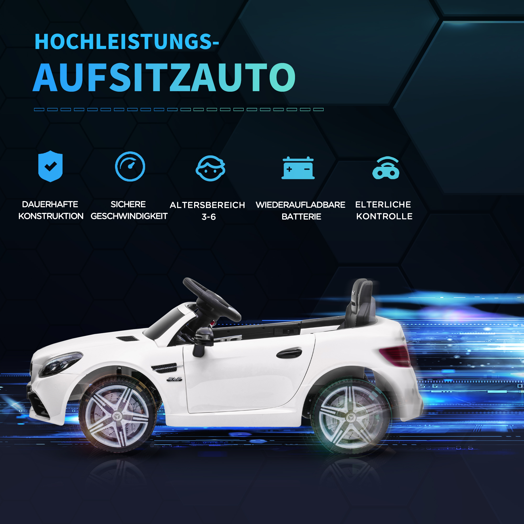 Kinder-Elektroauto, mit LED-Scheinwerfern, Sicherheitsgurt, Hupe, Musik, 3 bis 5 km/h, weiß, 107 x 62,5 x 44cm