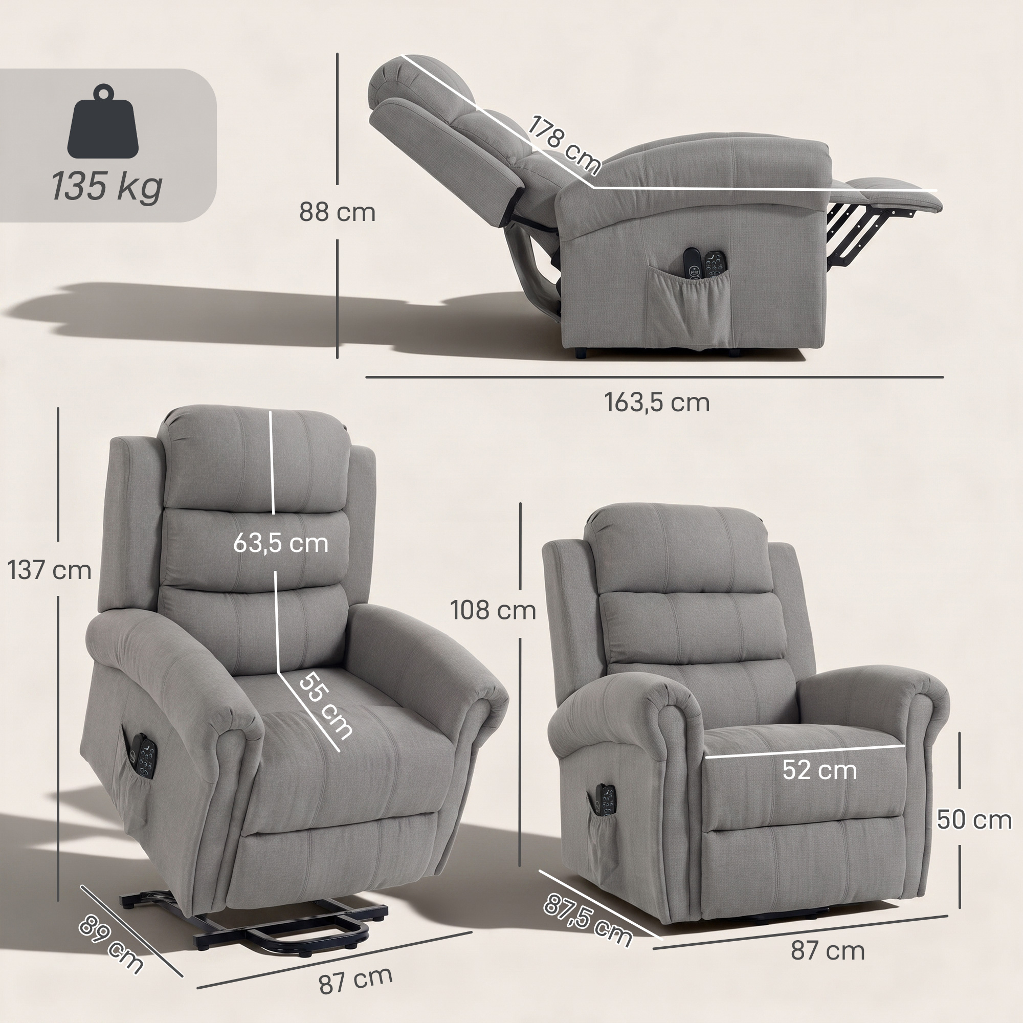 Power-Lift-Relaxsessel mit Vibrationsmassage und Wärmefunktion, Aufstehsessel mit USB-Anschluss, Seitentaschen und Fernbedienungen, Hellgrau