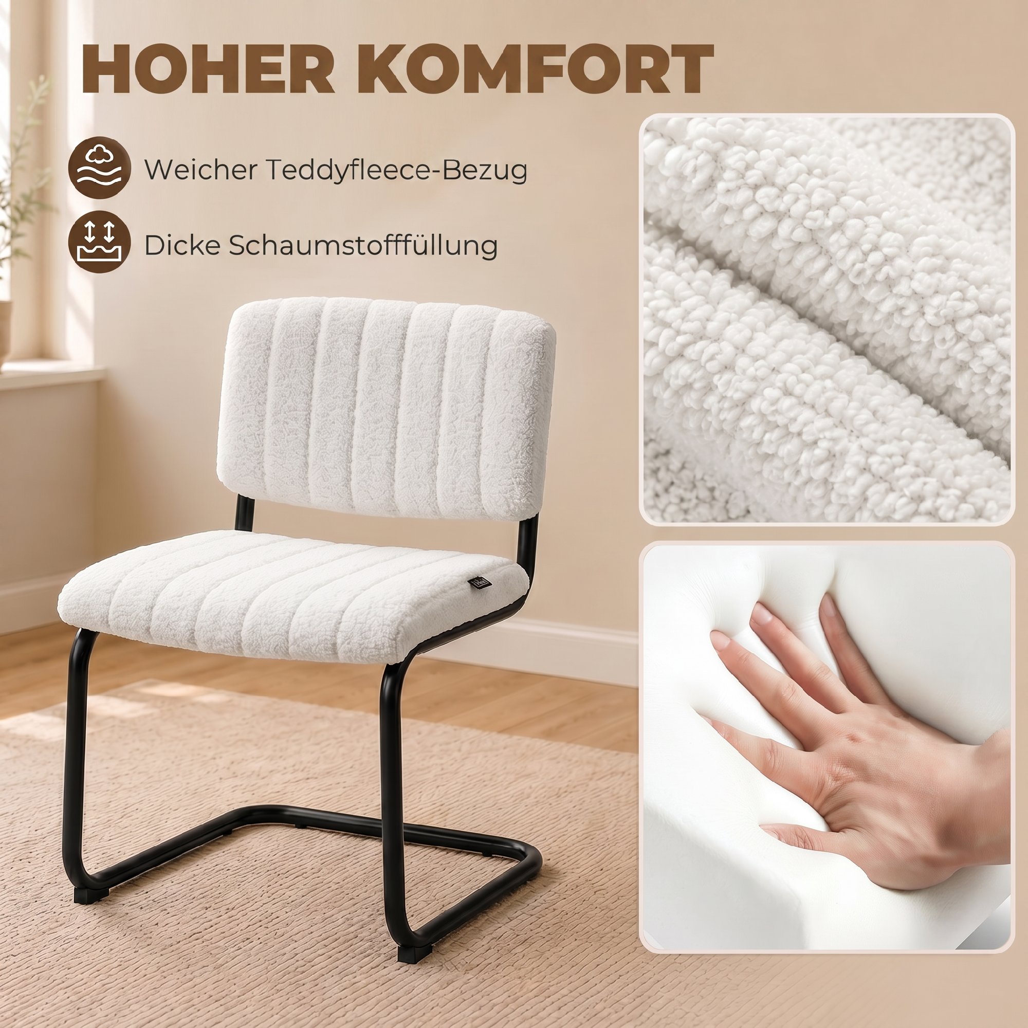 Esszimmerstühle 2er Set modern Freischwinger Stuhl mit hoher Rückenlehne, Teddyfleece-Optik für Küche, Esstisch Creme