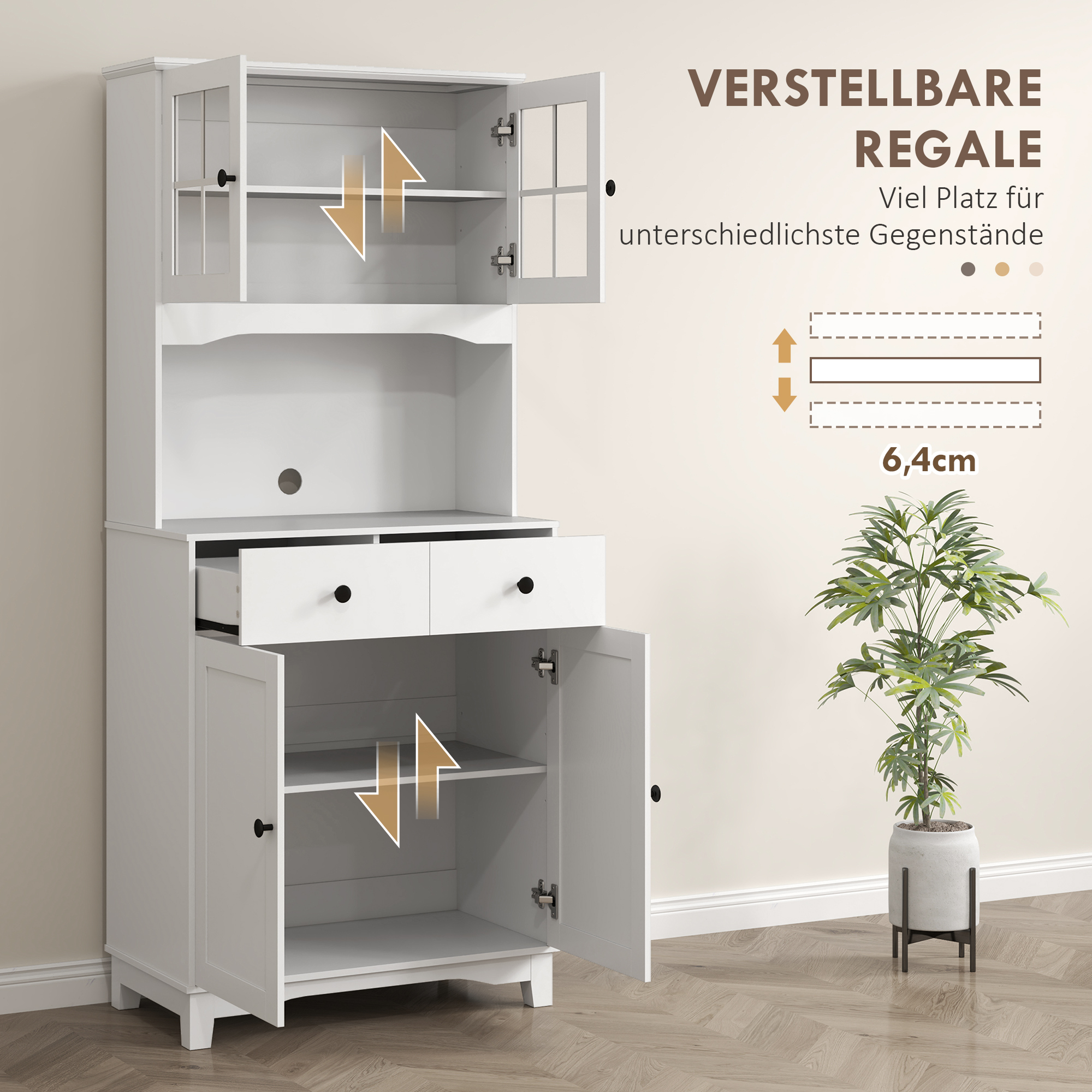 Küchenschrank mit Glastüren, 2 Schubladen, Geschirrschrank, Esszimmerschrank, Holz, 68 x 39,5 x 170 cm, Weiß