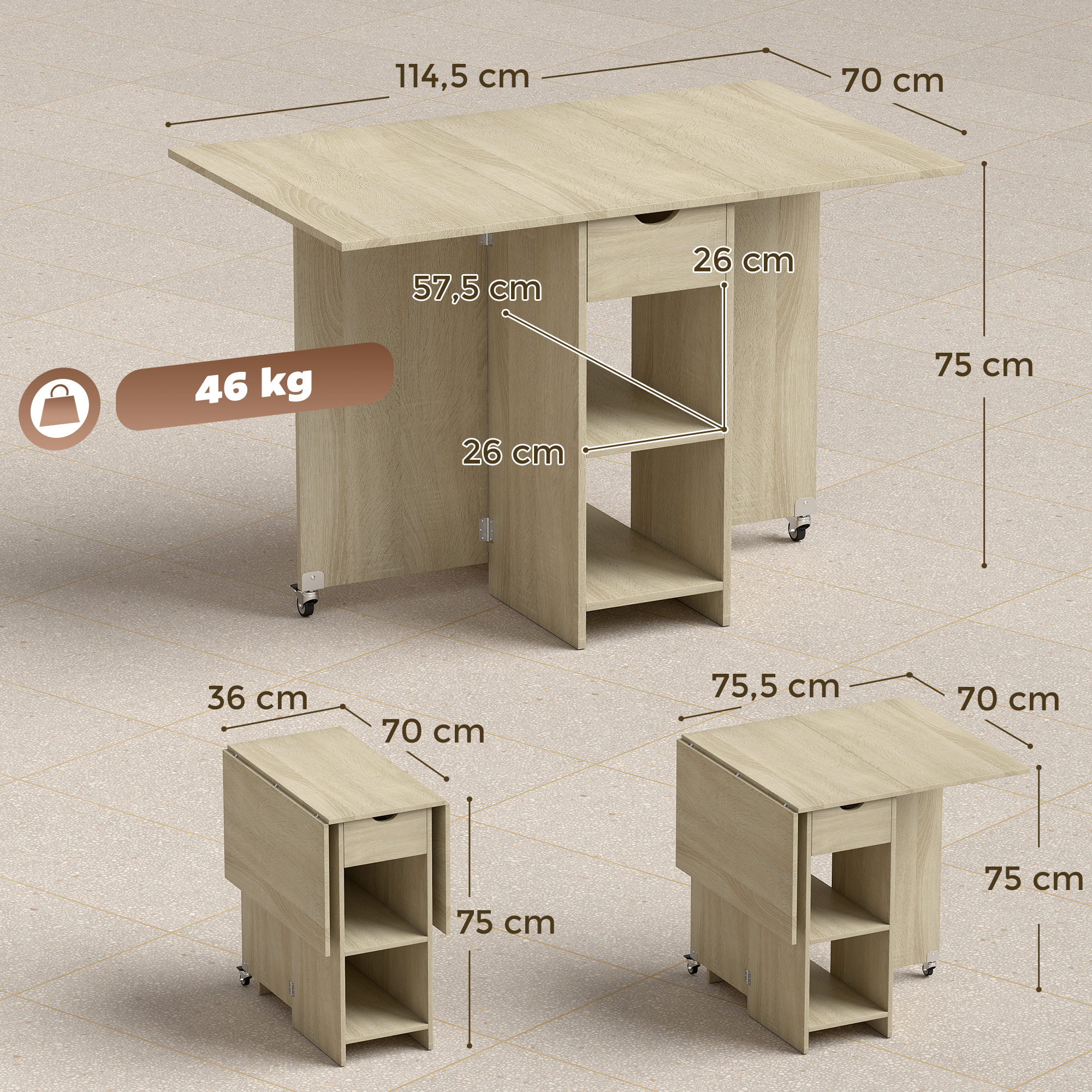 klappbarer Esstisch für 2-4 Personen, Rollbarer Tisch mit offenem Fach und Schublade, ideal für kleine Räume, Natur
