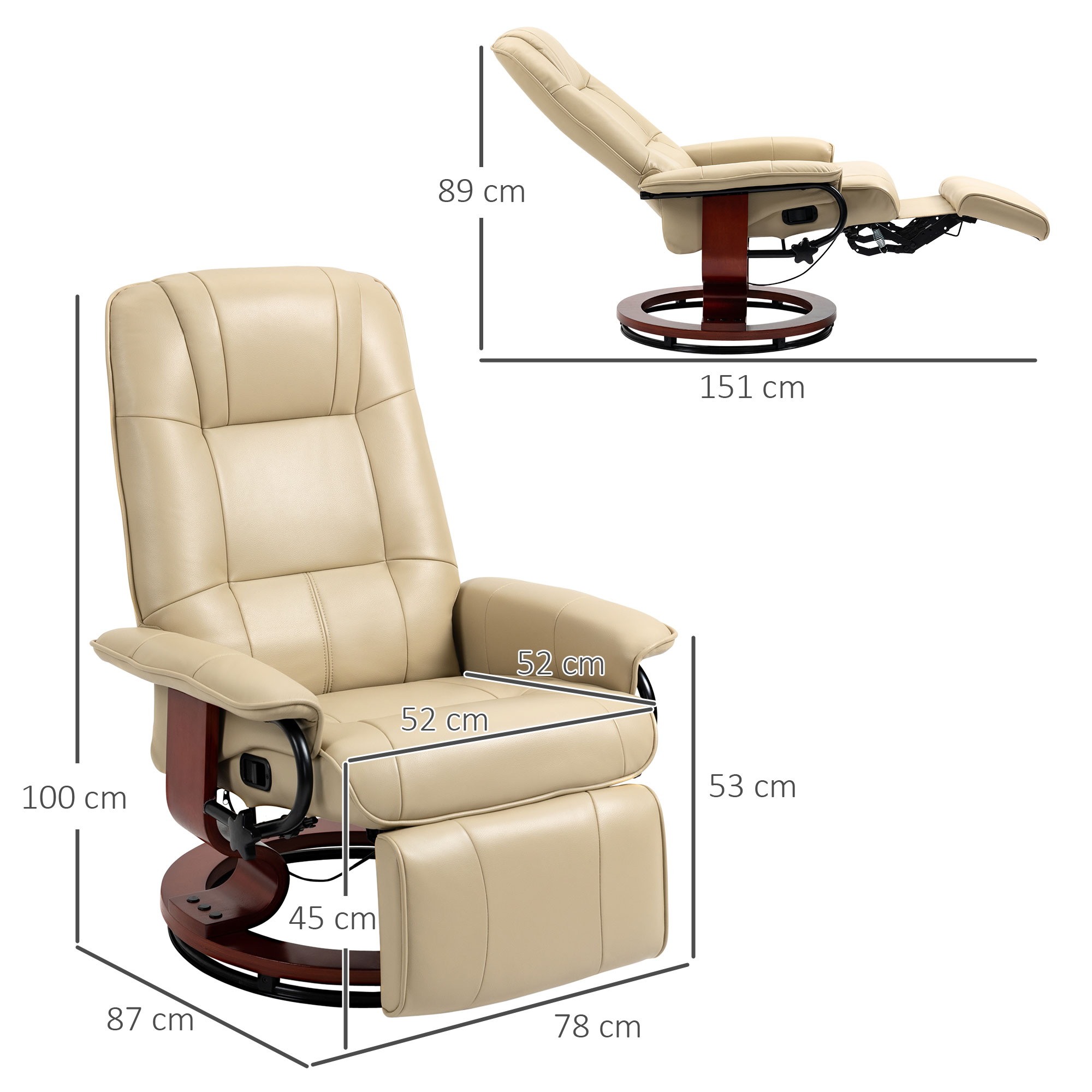 Relaxsessel, verstellbar, Liegefunktion, bis 120 kg, Kunstleder, 78 x 87 x 100 cm, Creme