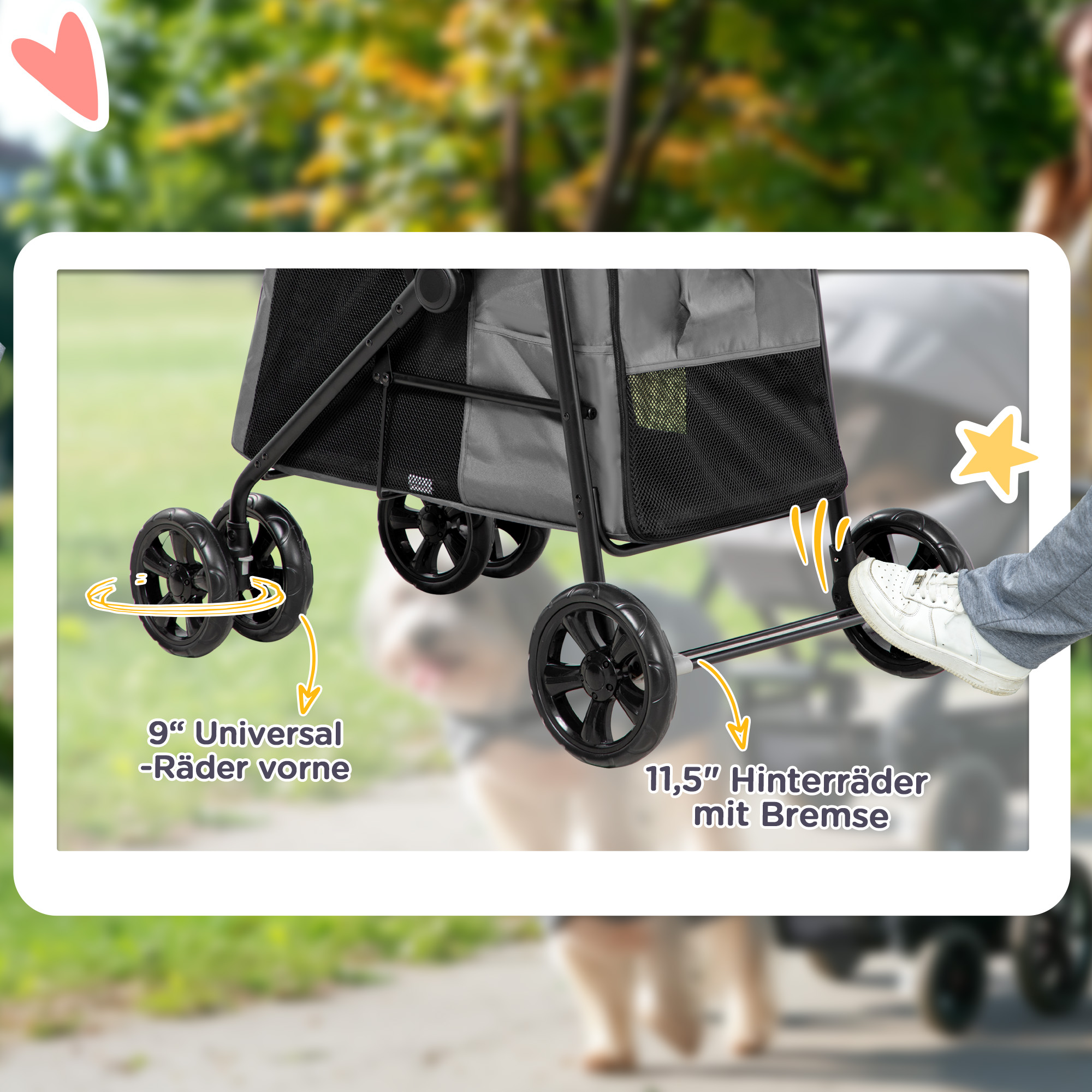 Hundebuggy Hundewagen bis 20 kg Klappbar 3 Seitentasche 102 cm x 62 cm x 105 cm Grau