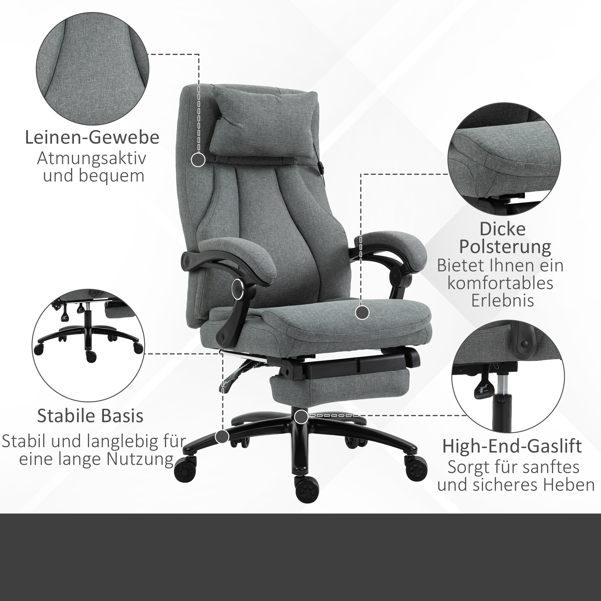 Bürostuhl massage, höhenverstellbarer Chefsessel, Gamingstuhl mit Fußstütze Massagefunktion, ergonomischer Drehstuhl, Massage Sessel, Leinen-Gefühl, Grau, 64 x 74 x 109-117 cm