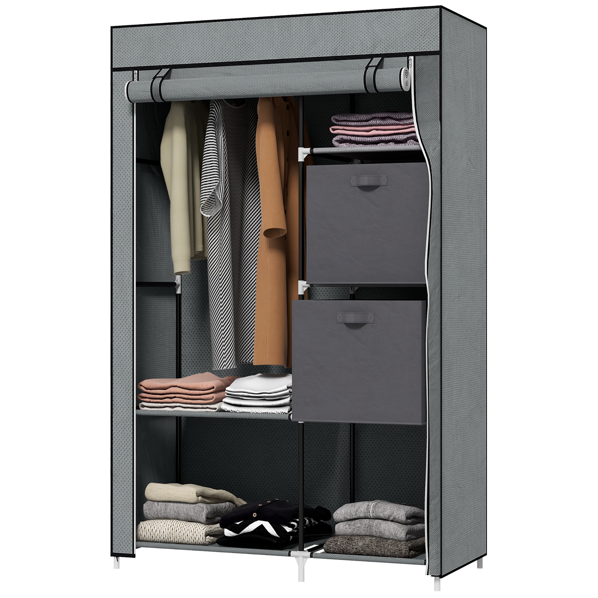 Stoffschrank Kleiderschrank faltbarer Schrank, 1 Kleiderstange, 6 Regalböden, 102 x 42,5 x 162,5 cm, Grau Stoffschrank Kleiderschrank faltbarer Schrank, 1 Kleiderstange, 6 Regalböden, 102 x 42,5 x 162,5 cm, Grau
