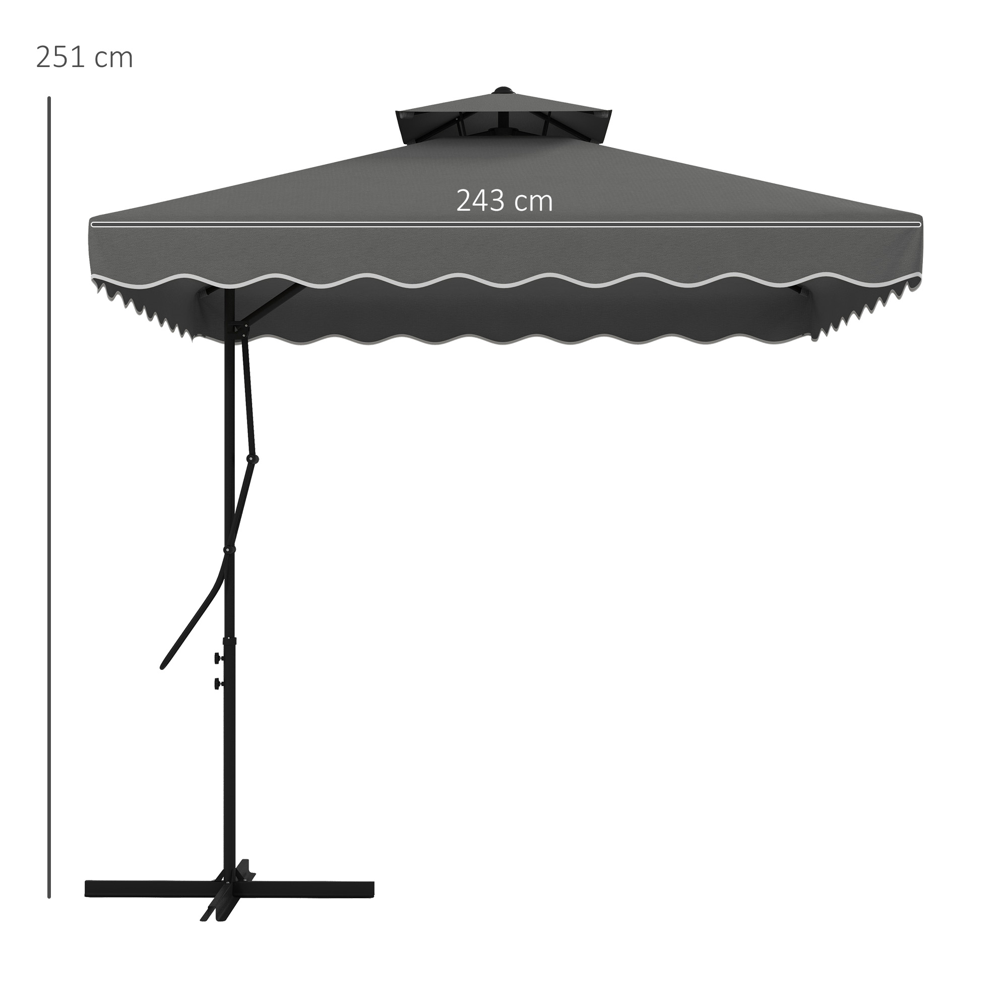 Gartenschirm, Ampelschirm, dekorativer Rand, Lüftungsdach, Metallgestell, 2,4x2,4x2,6m, Dunkelgrau