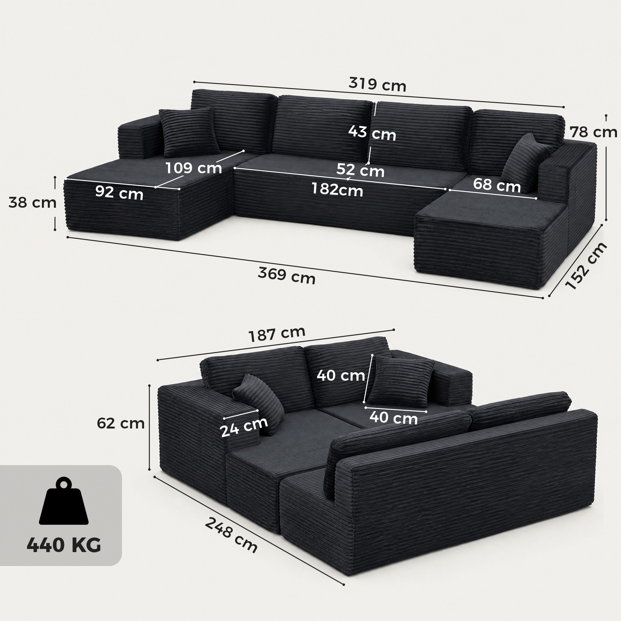 Modulares U-Sofa mit 2 Chaiselongues, Cord-Schlafsofa mit hochdichtem Schaumstoff und Federpolsterung, Dunkelgrau