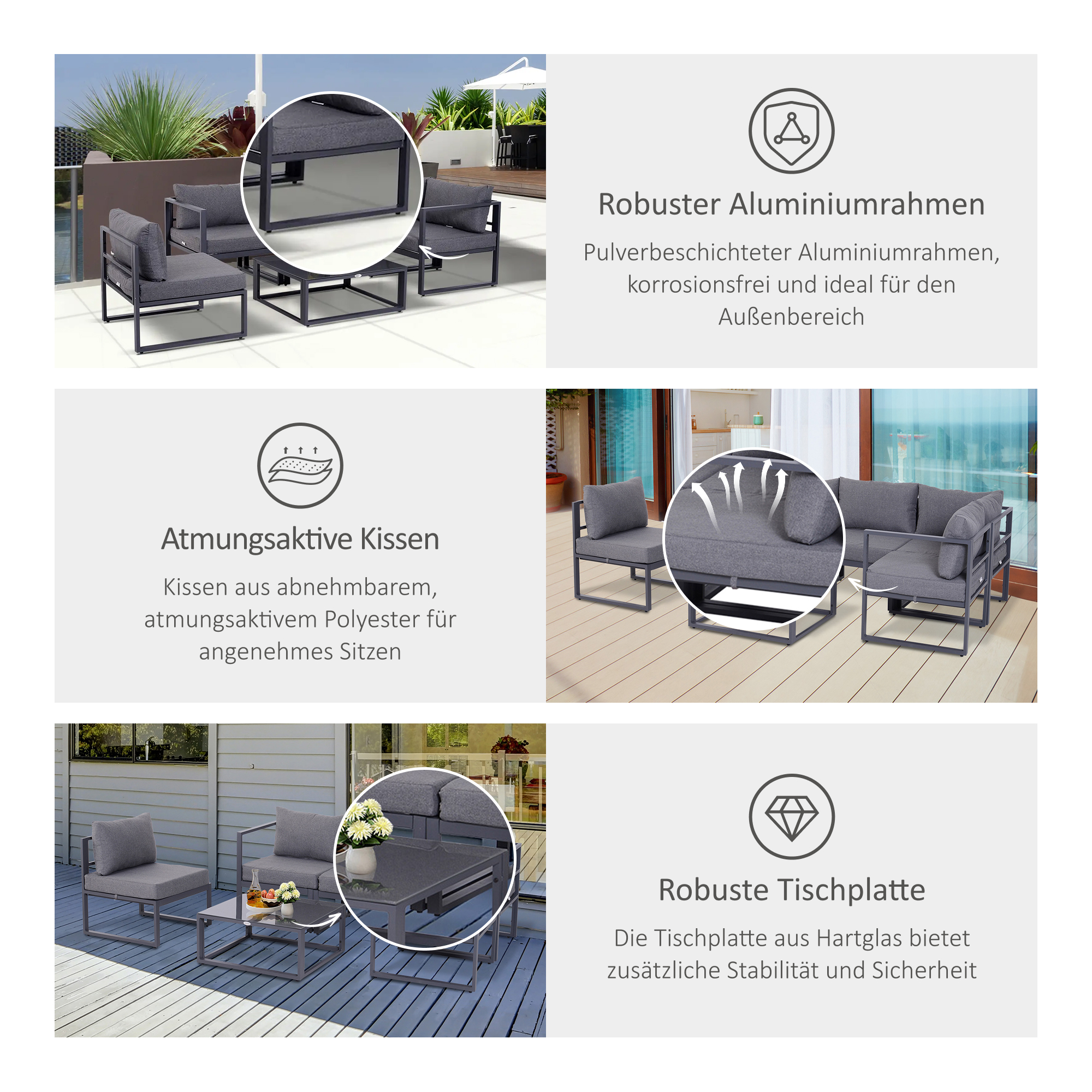 6-tlg. Gartengarnitur Gartenset Gartensofaset Sitzgruppe Gartenmöbel Alu+ Polyester + Hartglas Grau 4 x Sessel 1 x Ecksofa 1 x Beistelltisch Kissen für 4–5 Personen